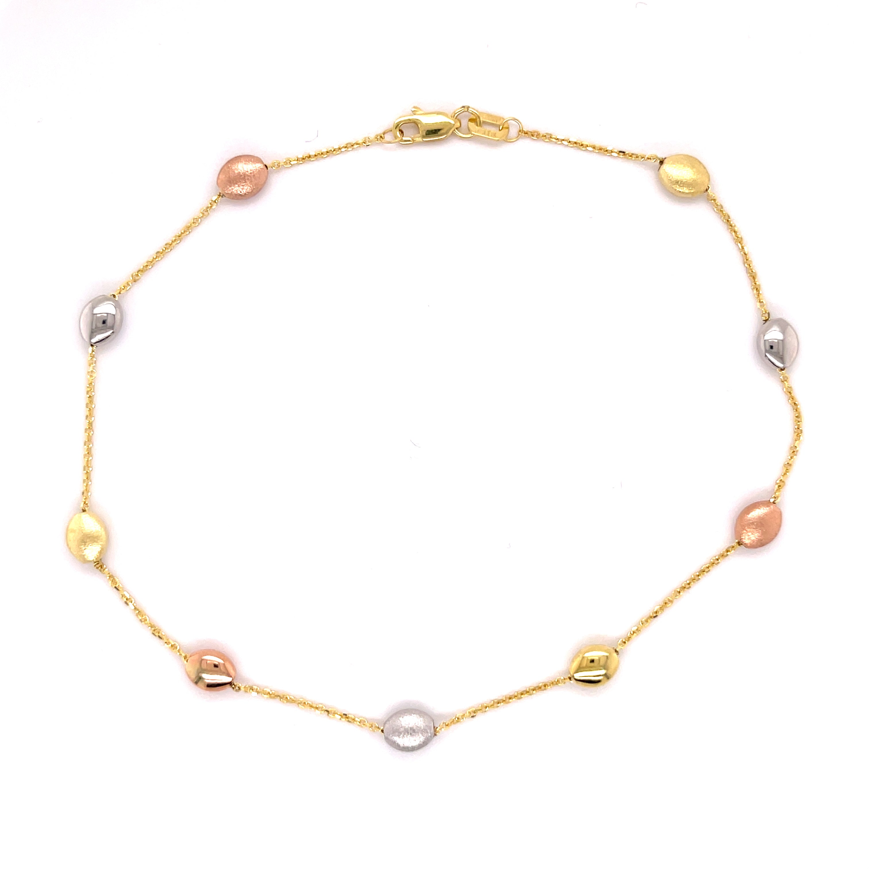 14K Tricolor Gold Pebble Station Anklet, Satin and Polished Beads, 10 Inch, lobster clasp