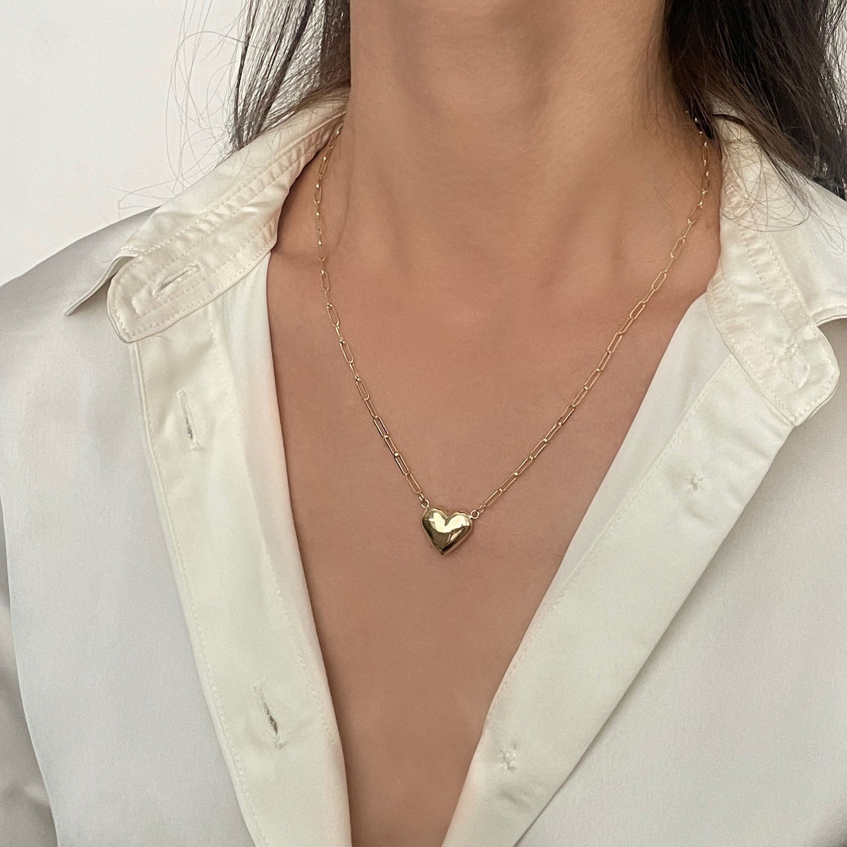 14K Yellow Gold Puffed Heart Paperclip Necklace