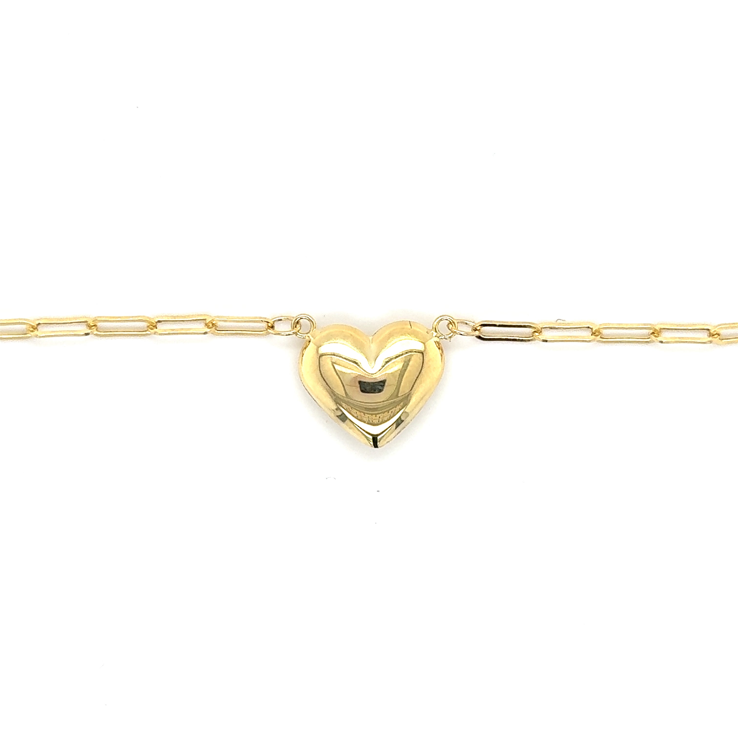 14K Yellow Gold Puffed Heart Paperclip Necklace