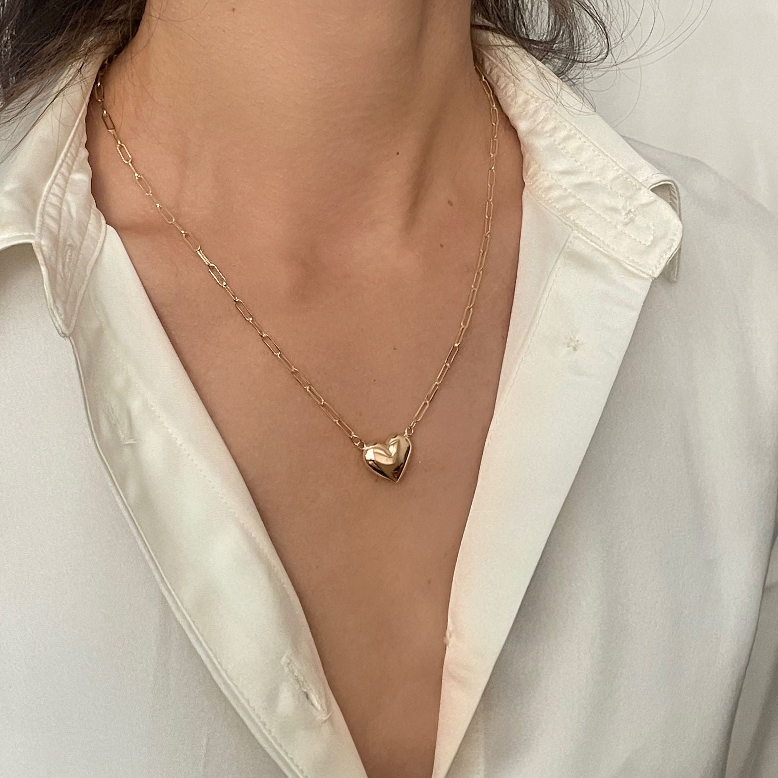 14K Yellow Gold Puffed Heart Paperclip Necklace