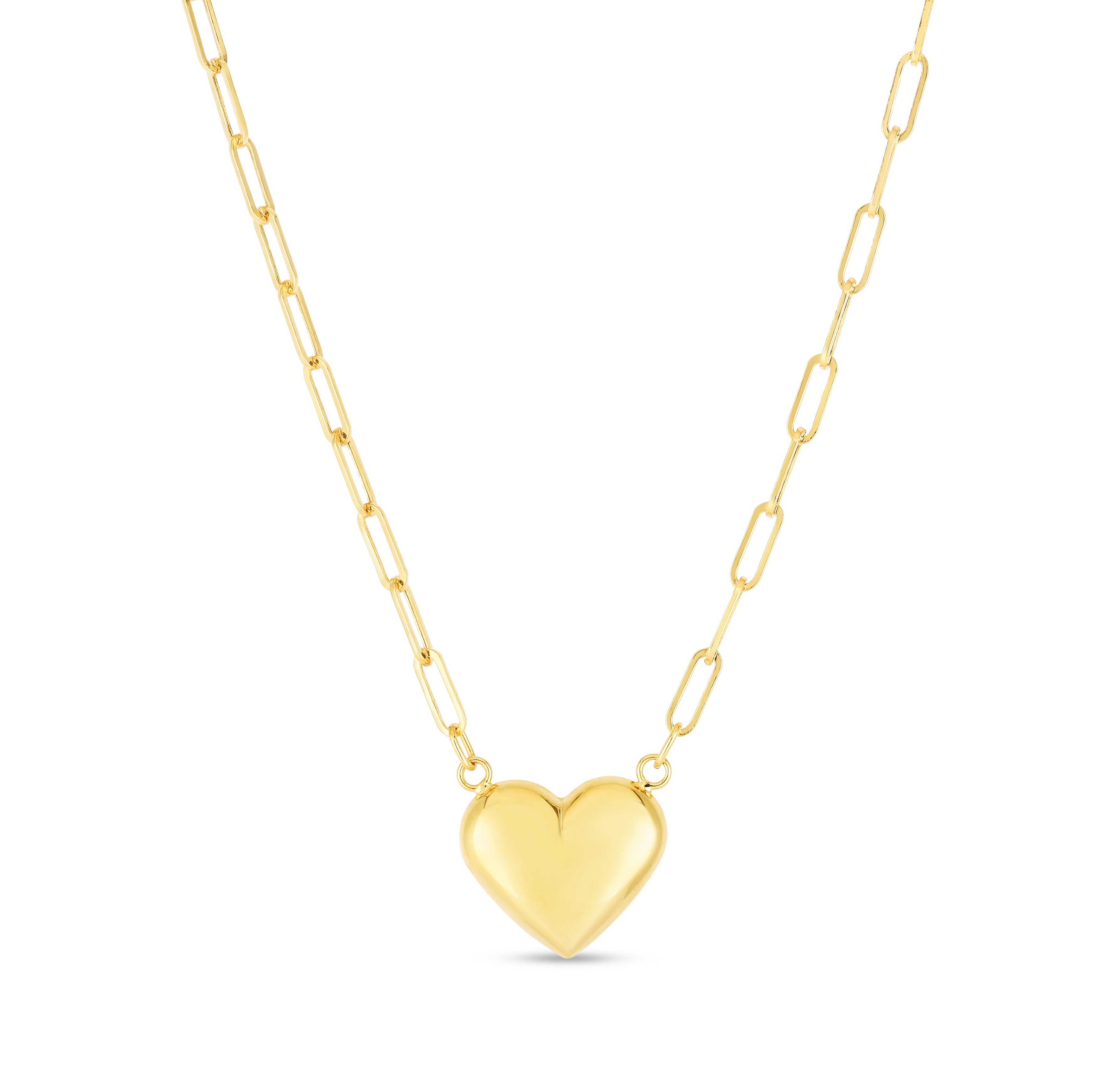 14K Yellow Gold Puffed Heart Paperclip Necklace
