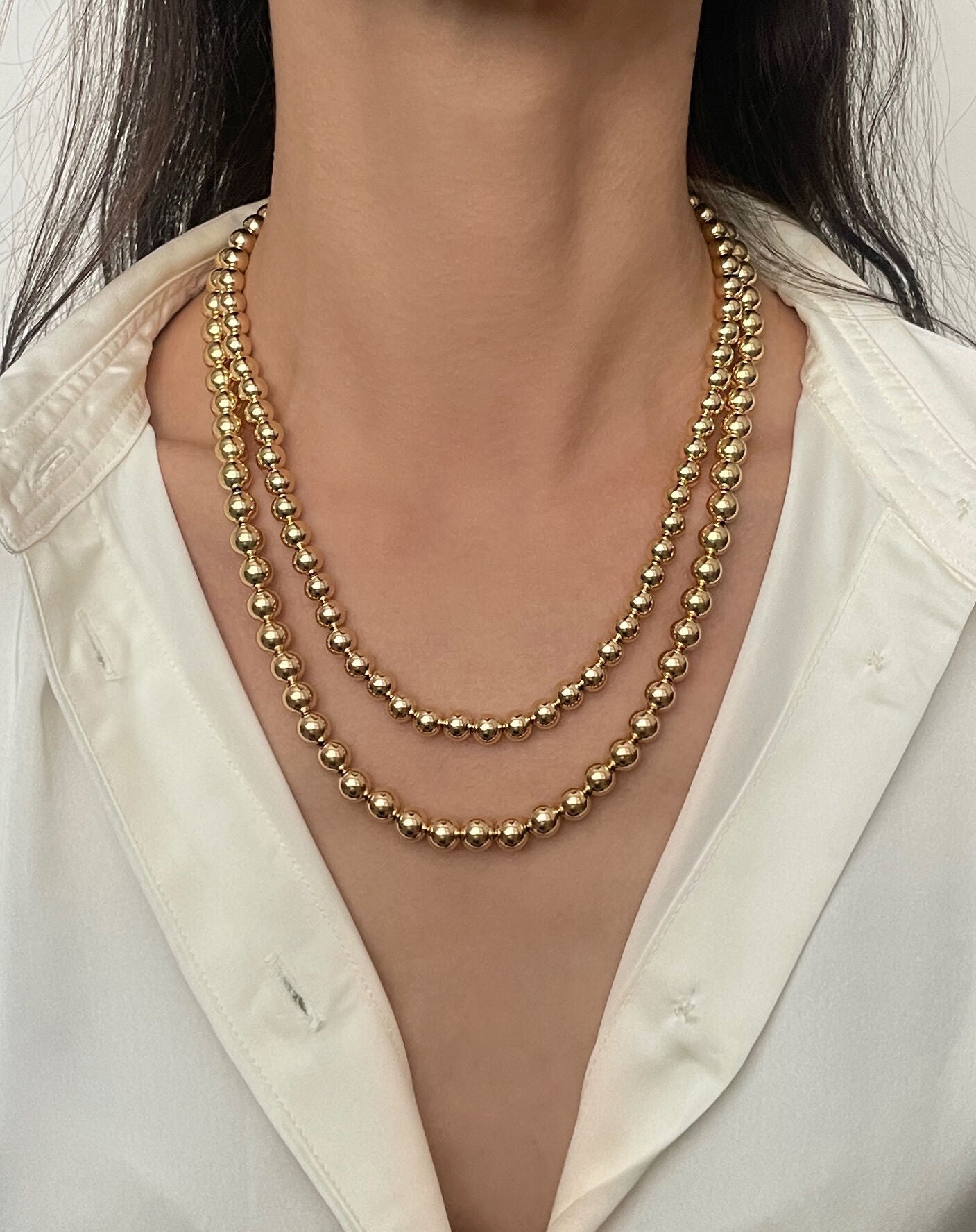 14K Gold Chunky Ball Bead Necklace: 7mm or 8mm Thick