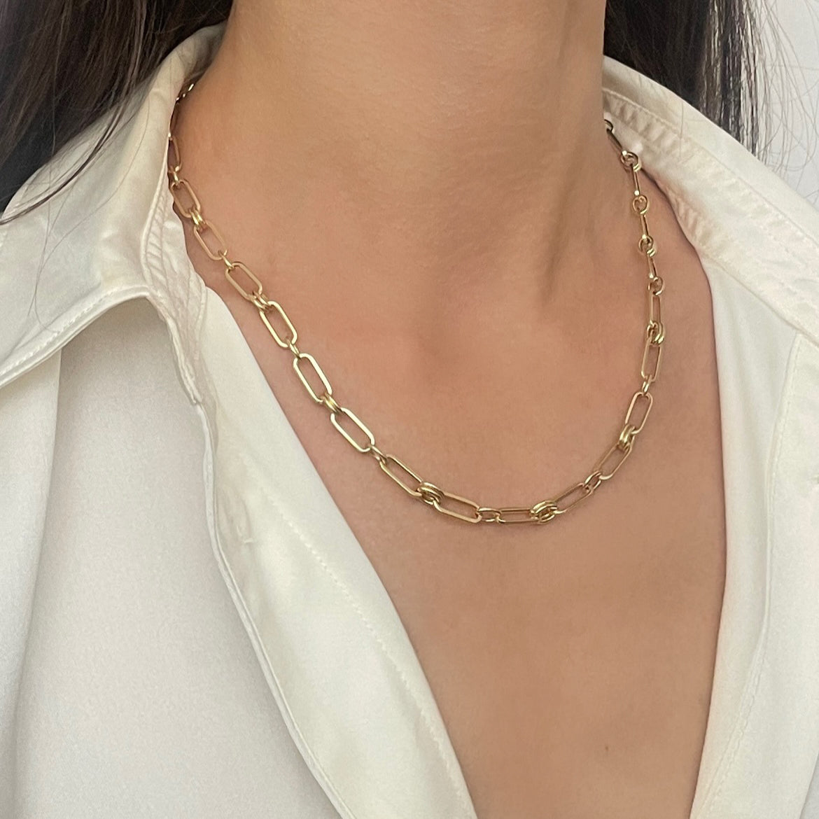 14K gold paperclip and round link necklace