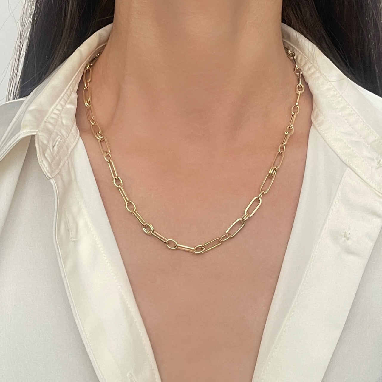 14K gold paperclip and round link necklace