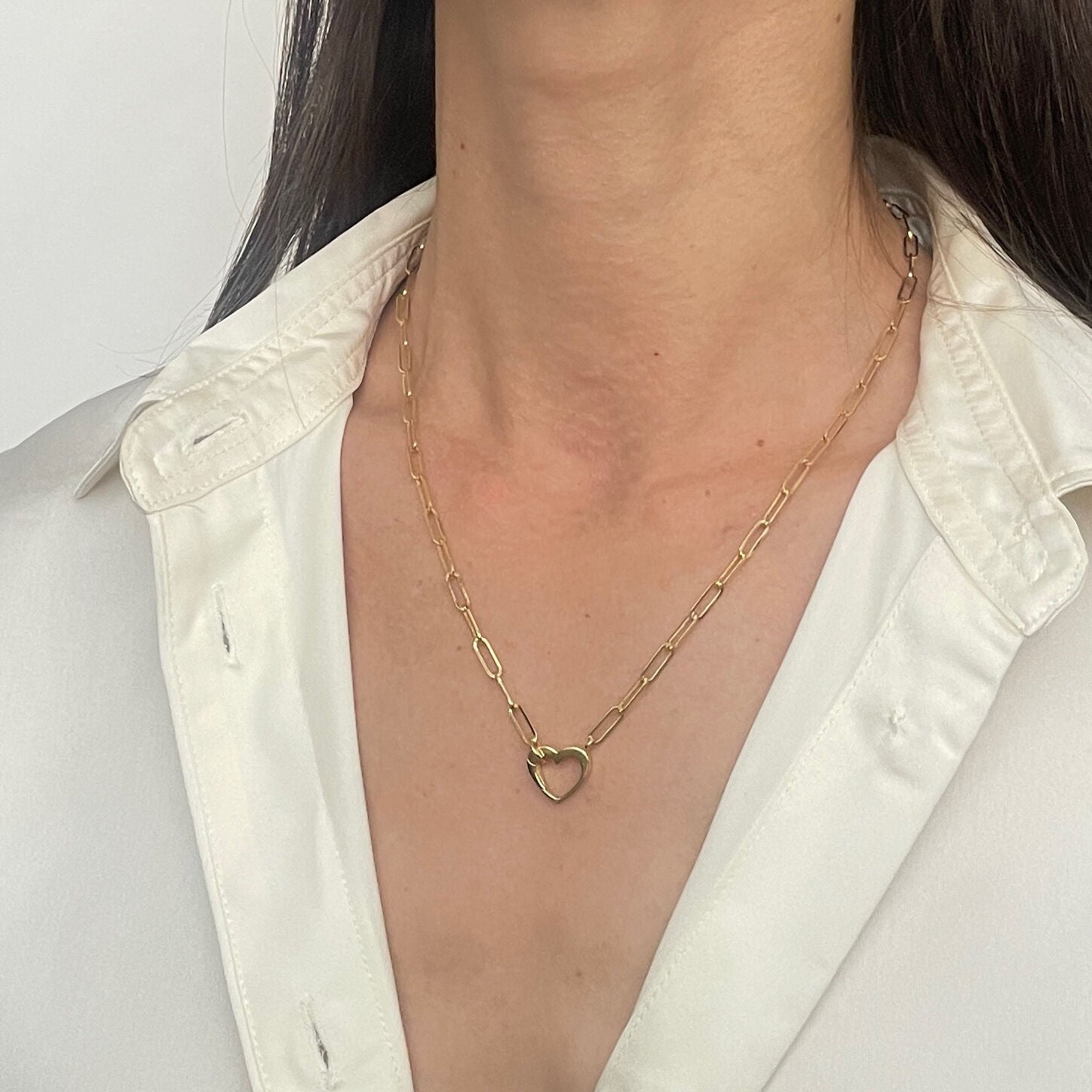 14K Gold Heart Clasp Paperclip Necklace