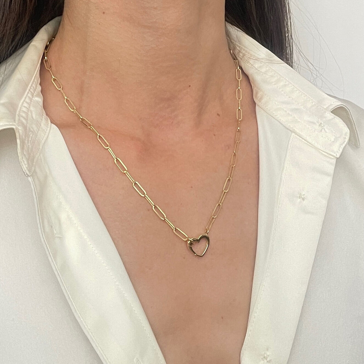 14K Gold Paperclip Necklace with Heart Charm Holder