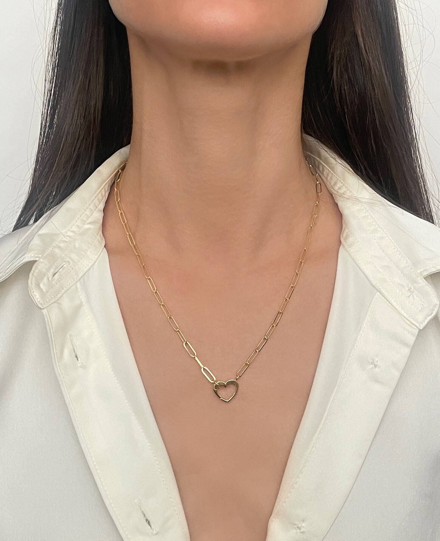14K Gold Heart Clasp Paperclip Necklace