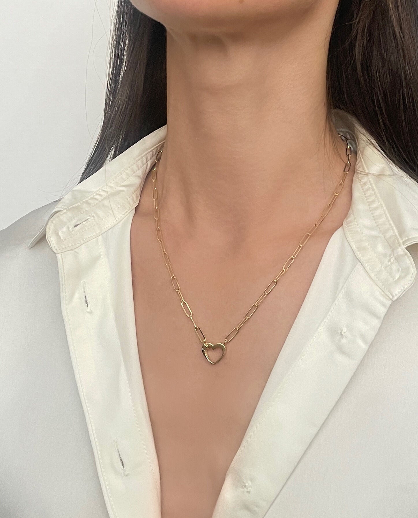 14K Gold Heart Clasp Paperclip Necklace