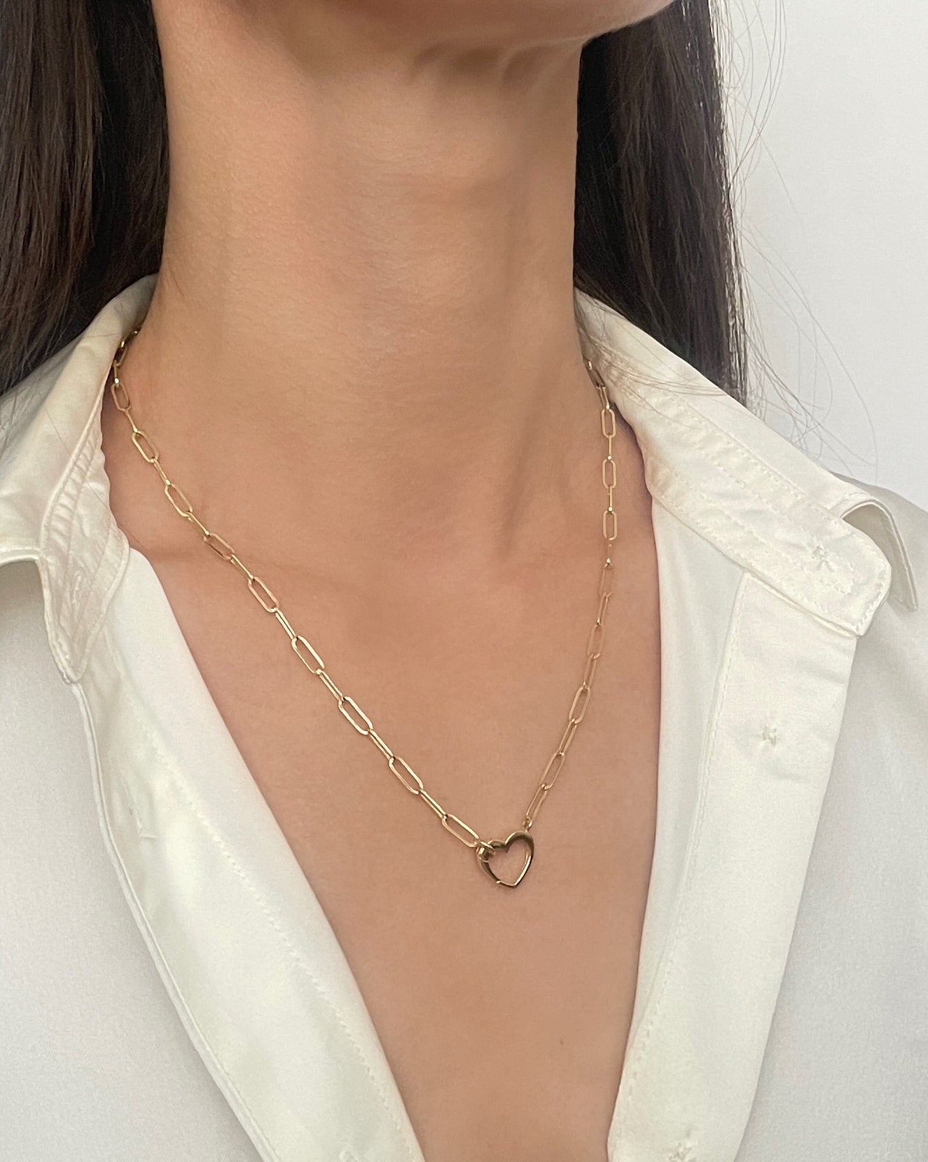 14K Gold Heart Clasp Paperclip Necklace