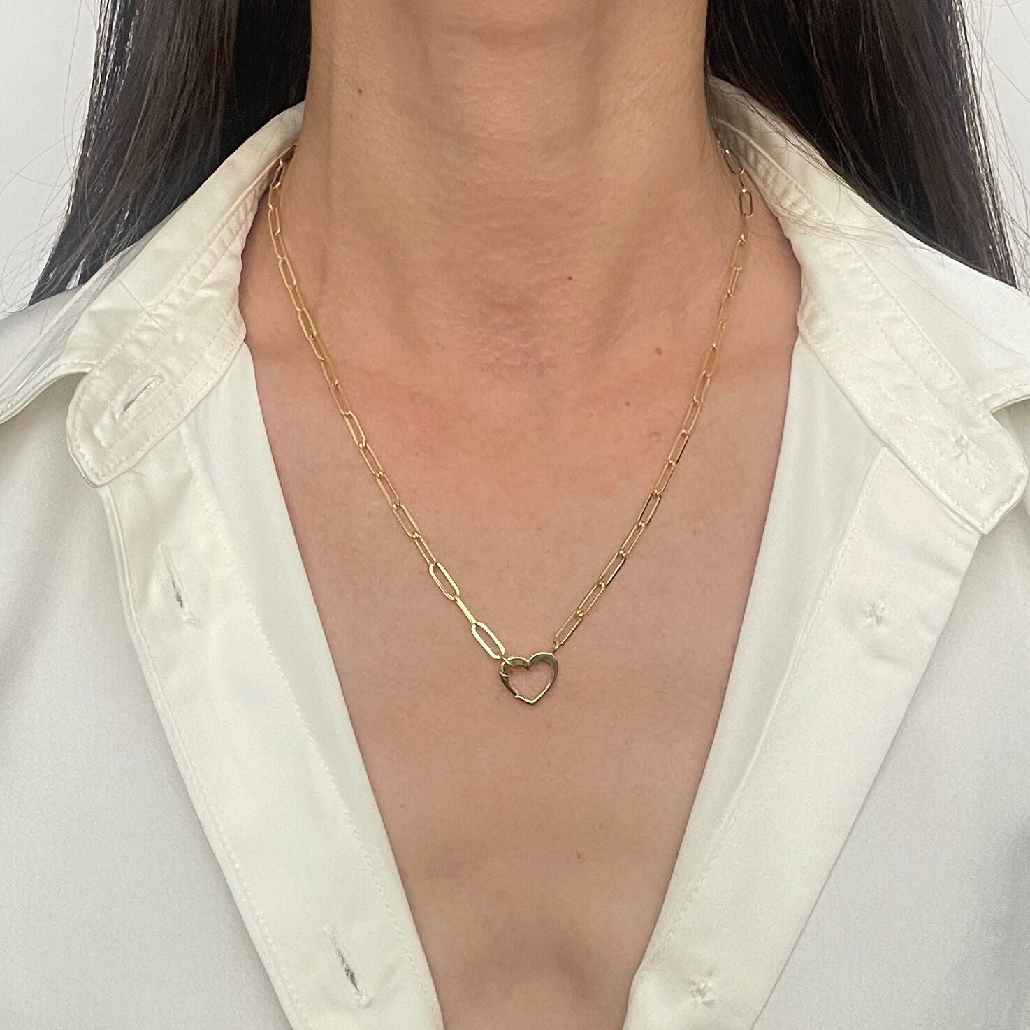 14K Gold Paperclip Necklace with Heart Charm Holder