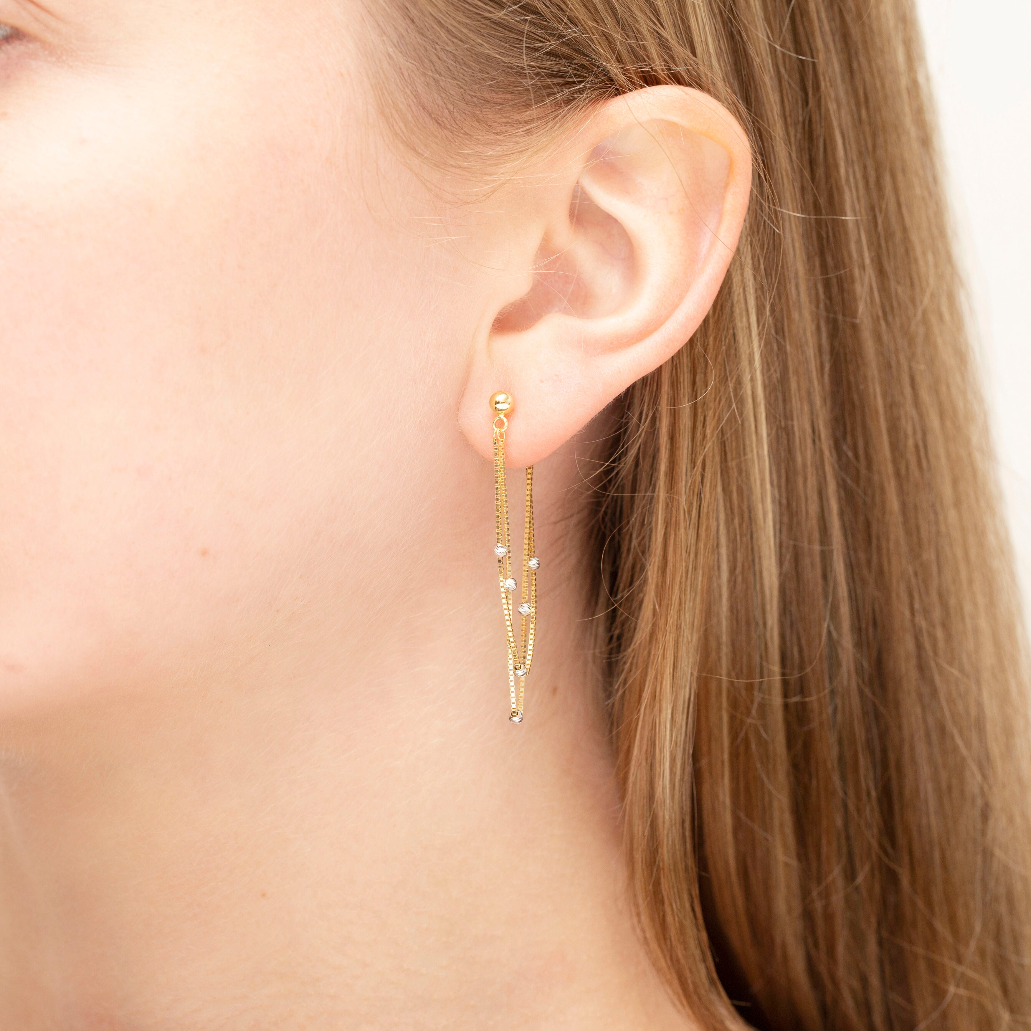 14K Two Tone Gold Beaded Drop Chain Earrings