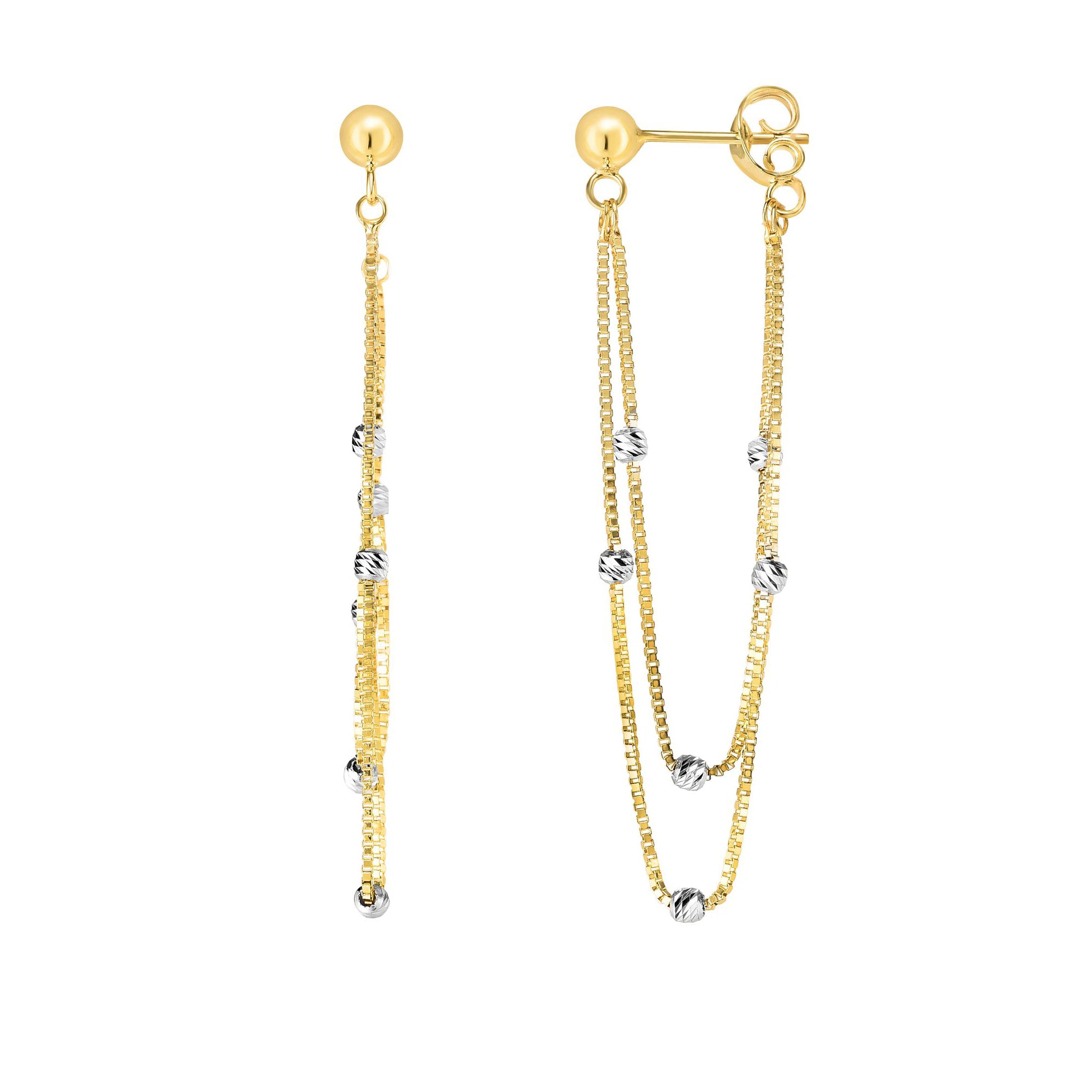 14K Two Tone Gold Beaded Drop Chain Earrings