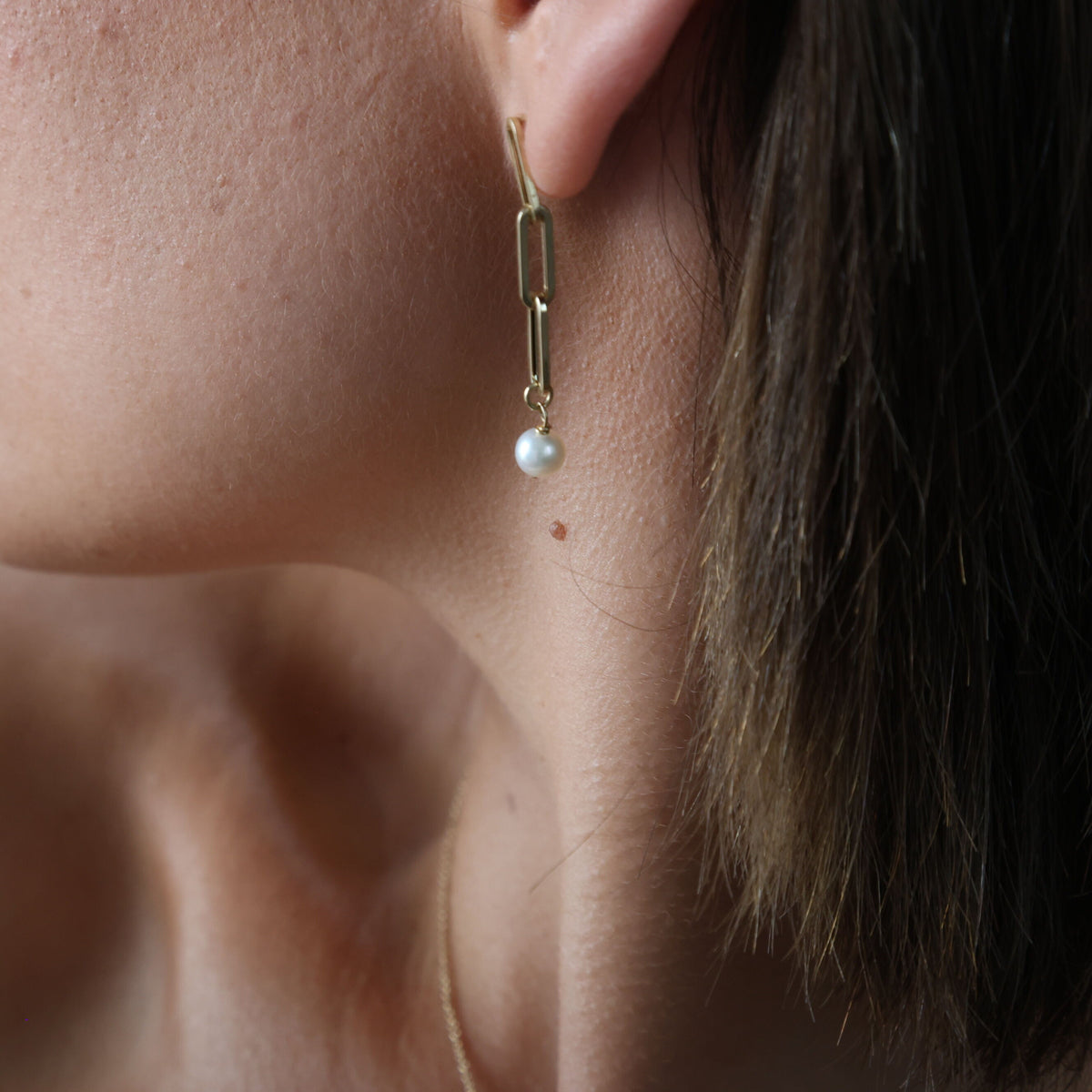 14K Gold And Pearl Paperclip Drop Earrings