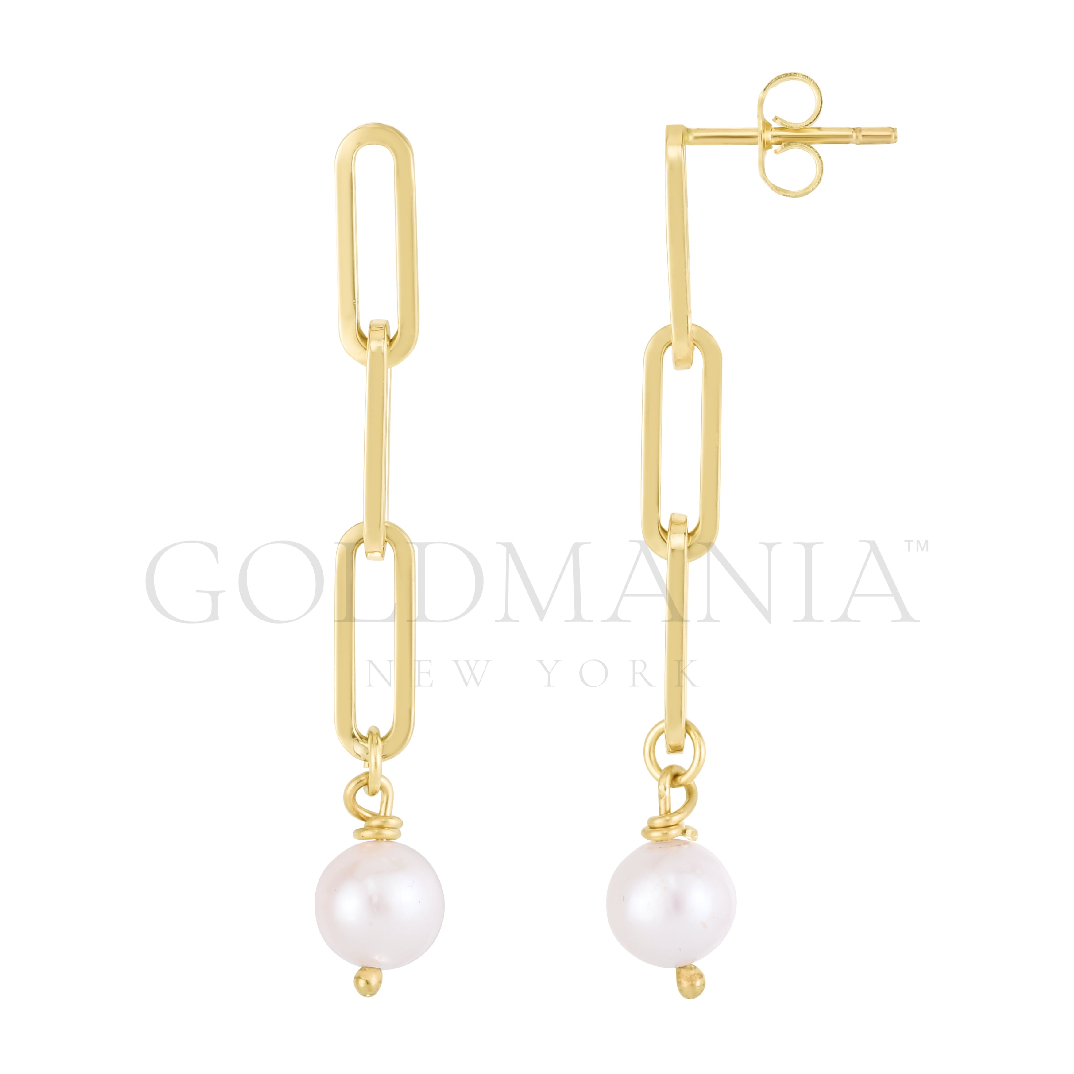 14K Gold And Pearl Paperclip Drop Earrings