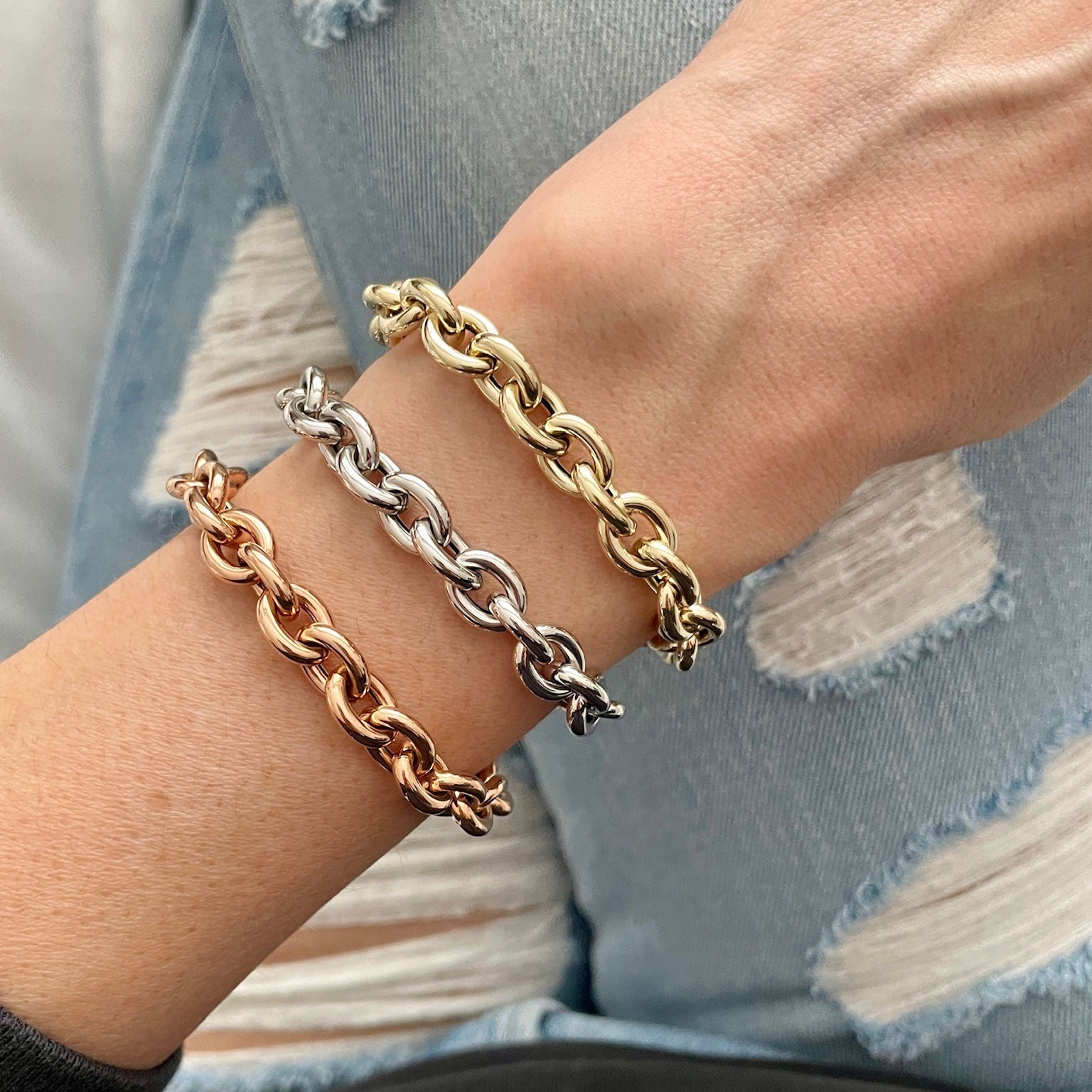 14K YELLOW GOLD THICK ROLO LINK BRACELET