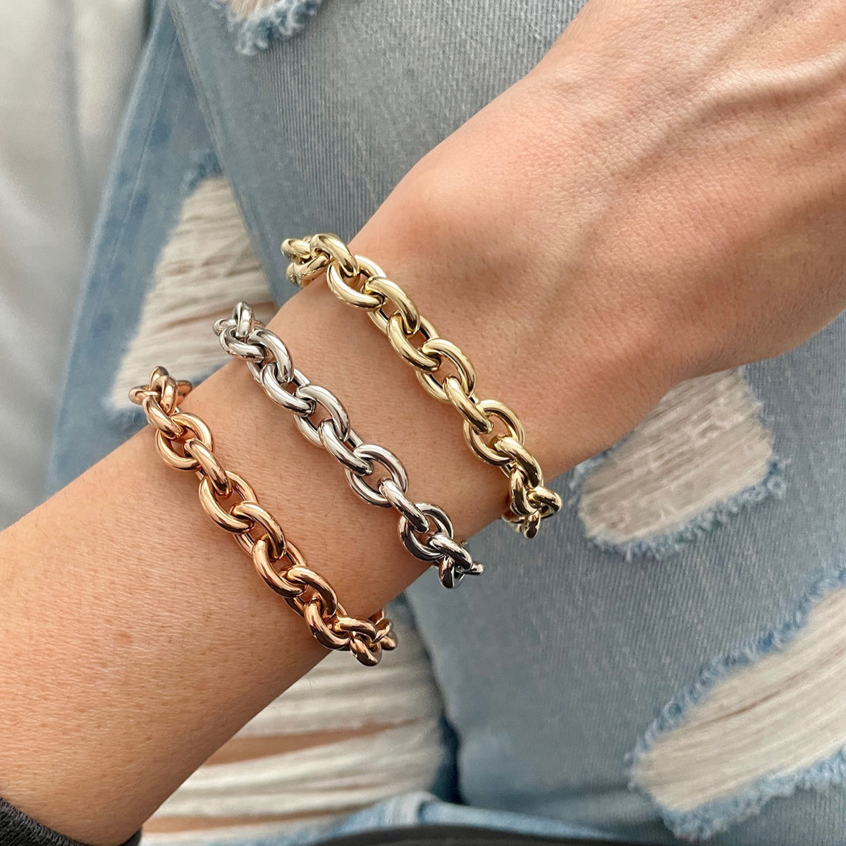 14K White Gold Chunky Rolo Bracelet. 8.5mm. 7.5", lobster clasp, belcher