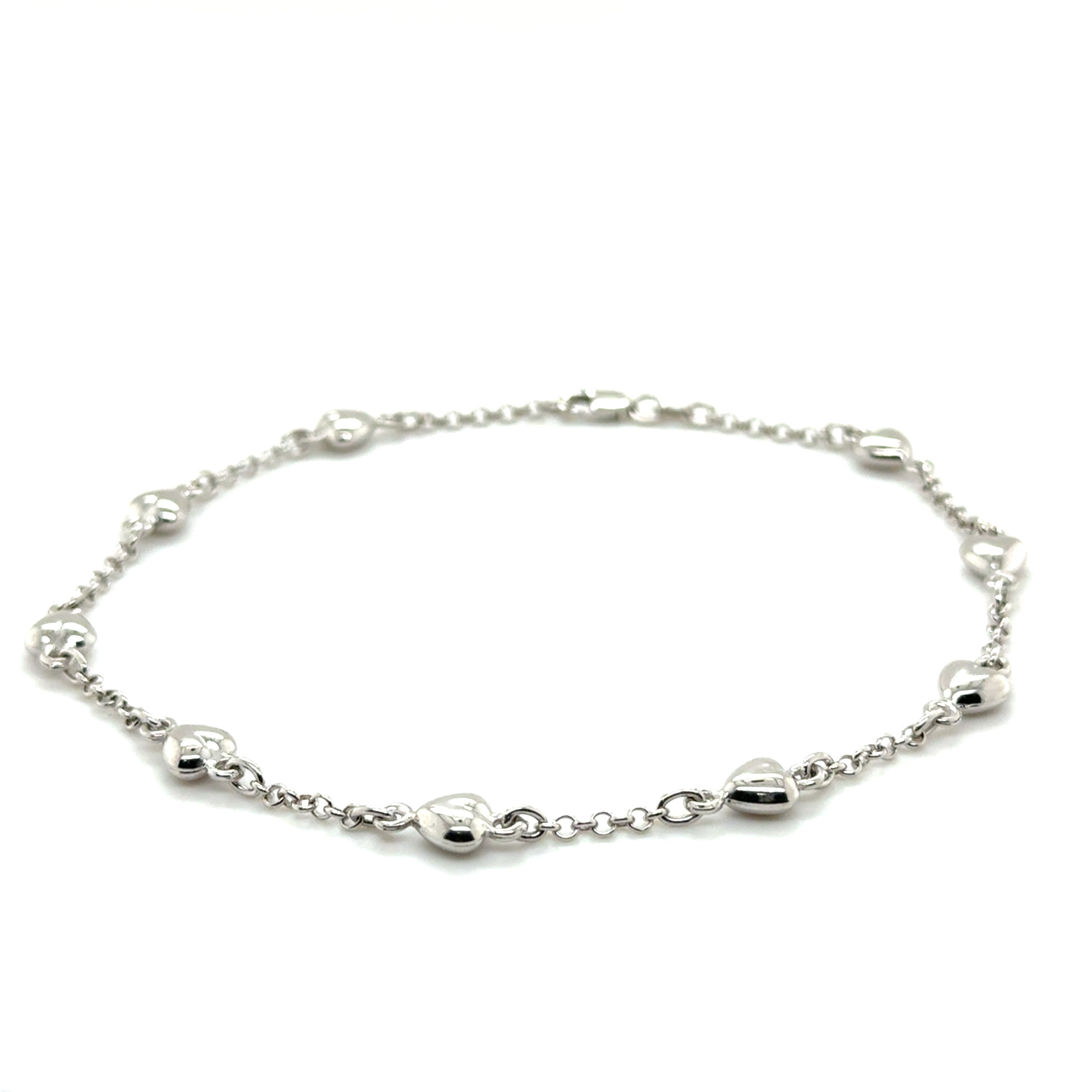 14K White Gold Puffed Heart Station Anklet, 10"