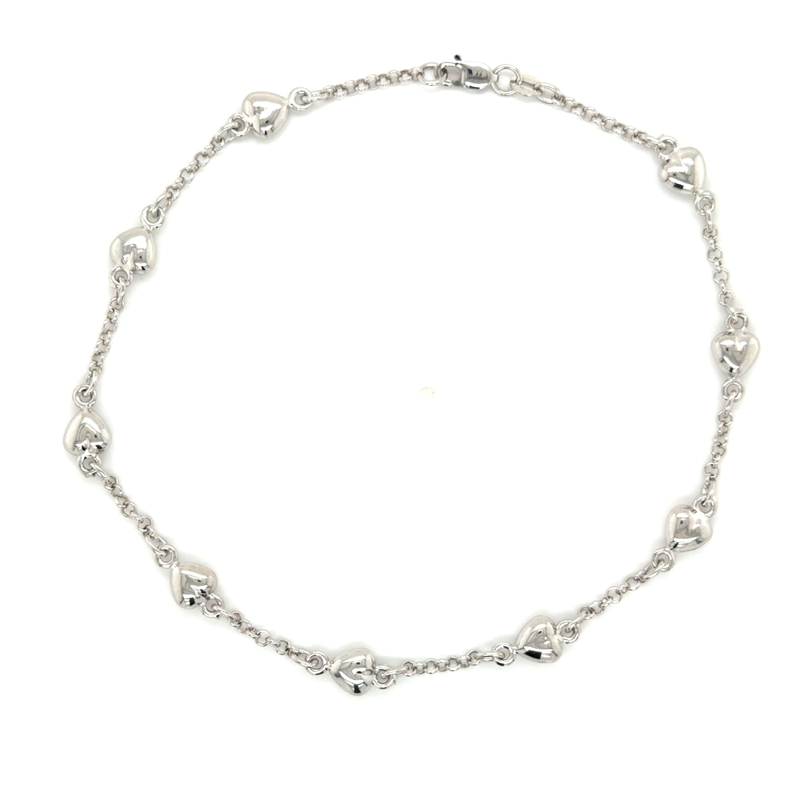 14K White Gold Puffed Heart Station Anklet, 10"