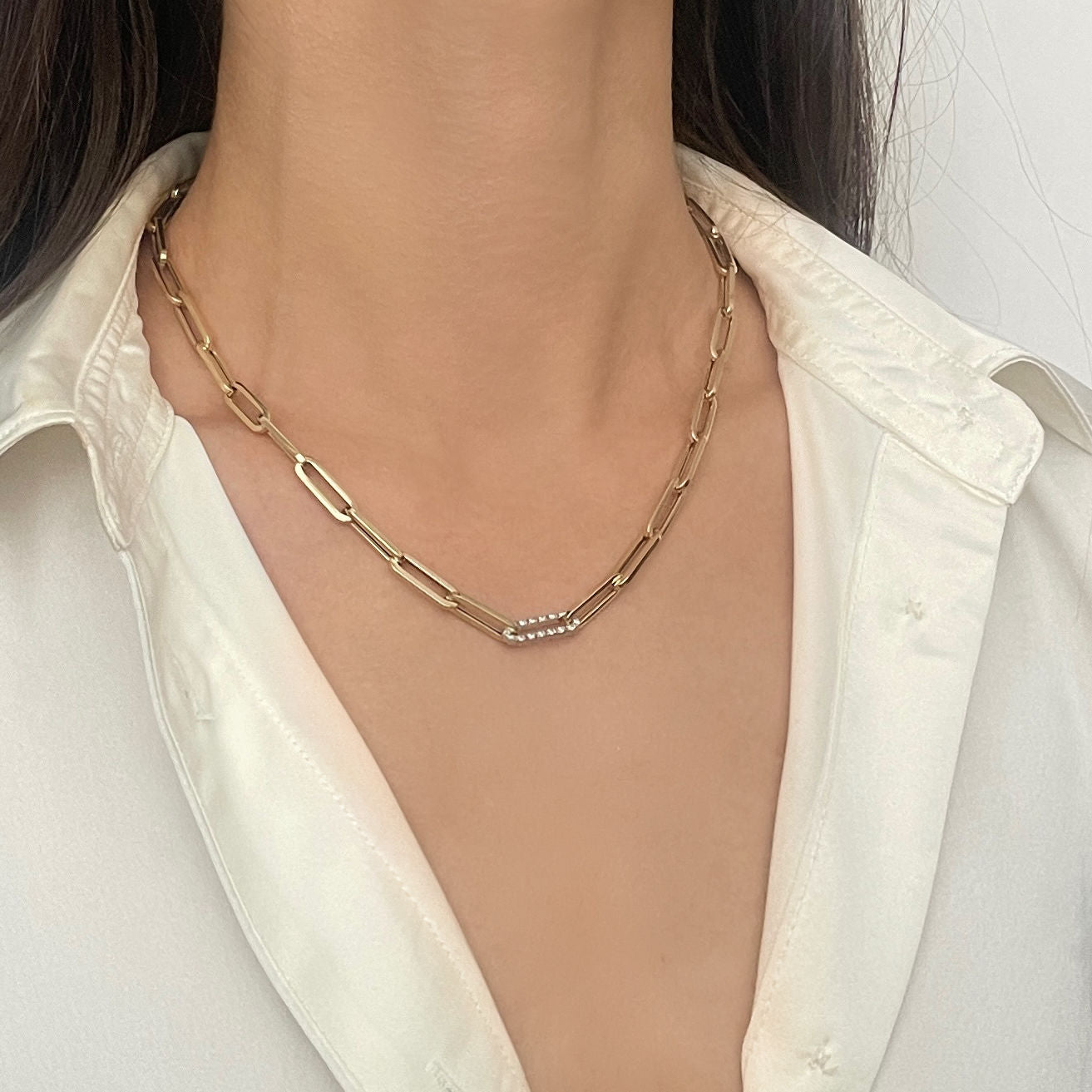 14K Gold And Diamond Paperclip Necklace