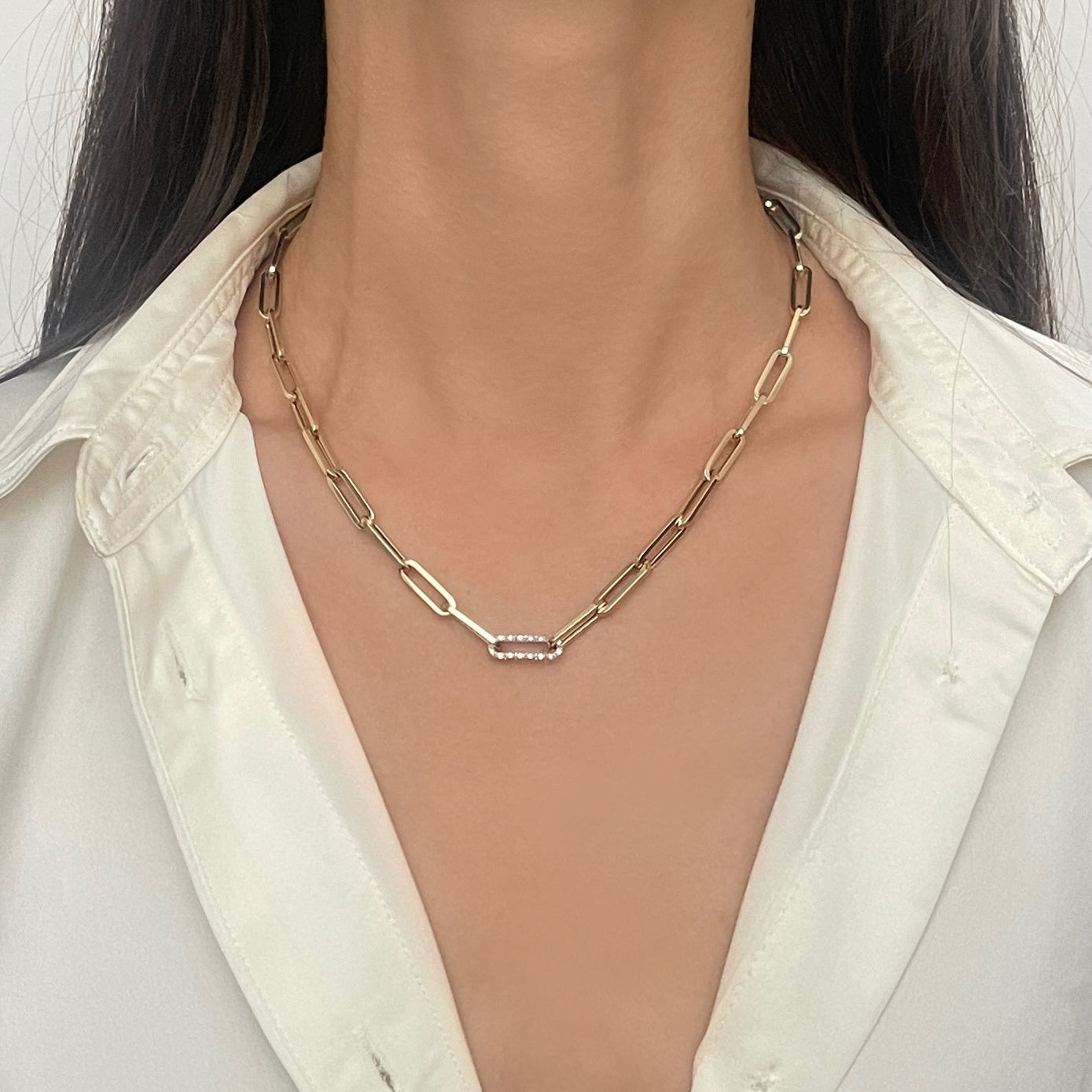 14K Gold And Diamond Paperclip Necklace