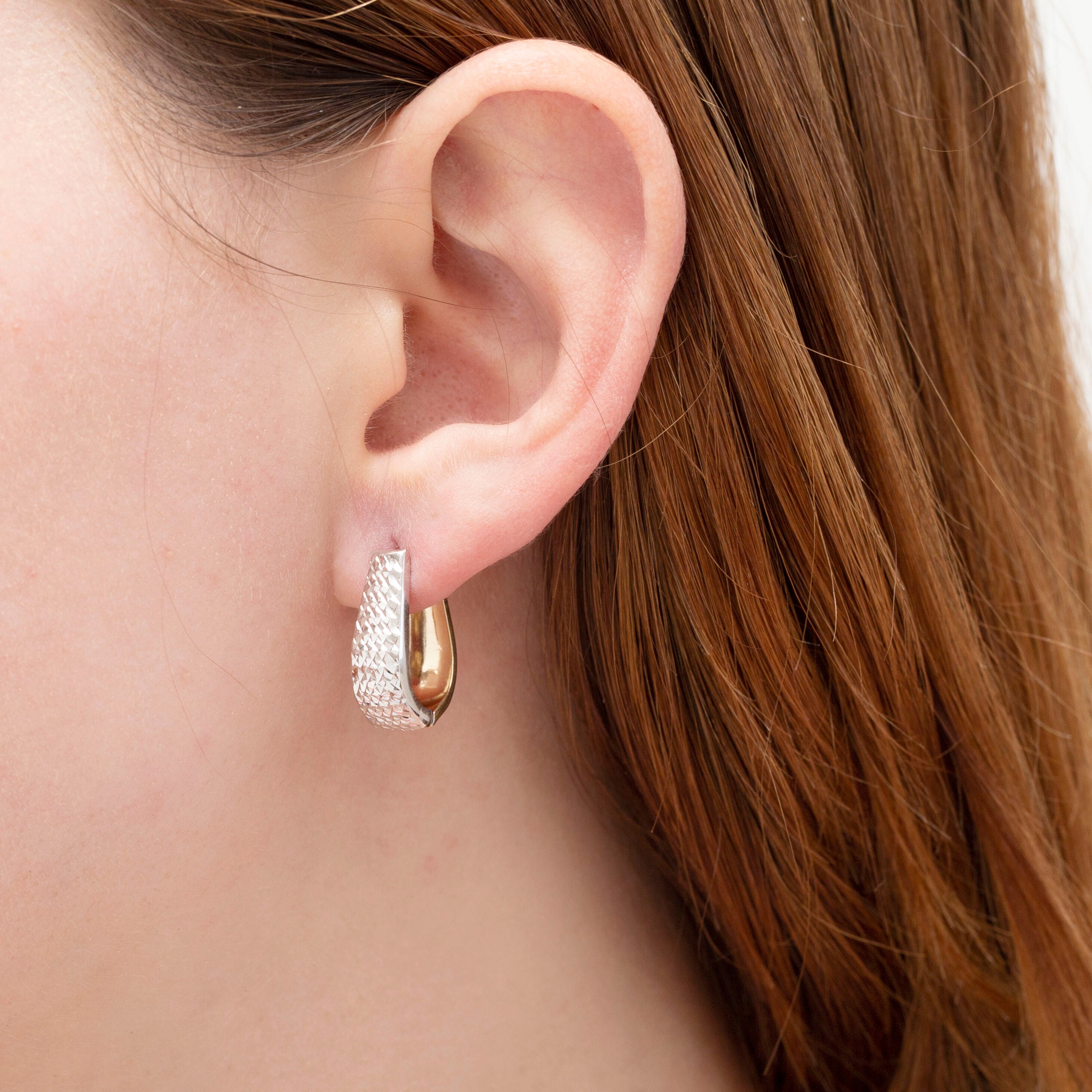 14K Two Tone Gold Tapered Huggie Hoop Earrings: Diamond Cut