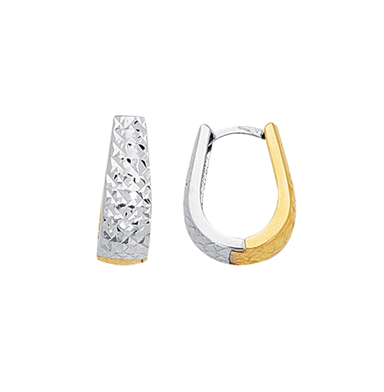 14K Two Tone Gold Tapered Huggie Hoop Earrings: Diamond Cut