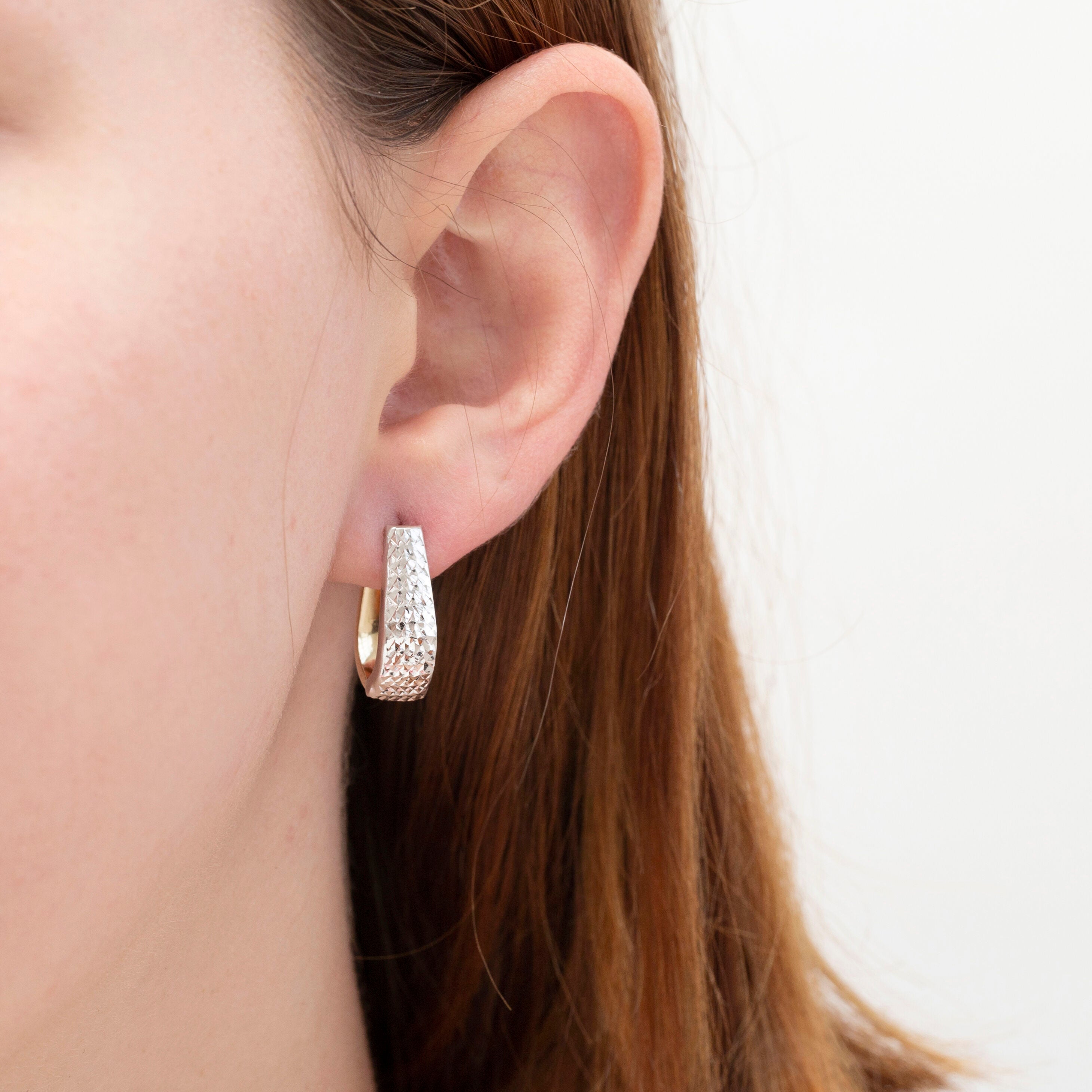 14K Two Tone Gold Tapered Huggie Hoop Earrings: Diamond Cut