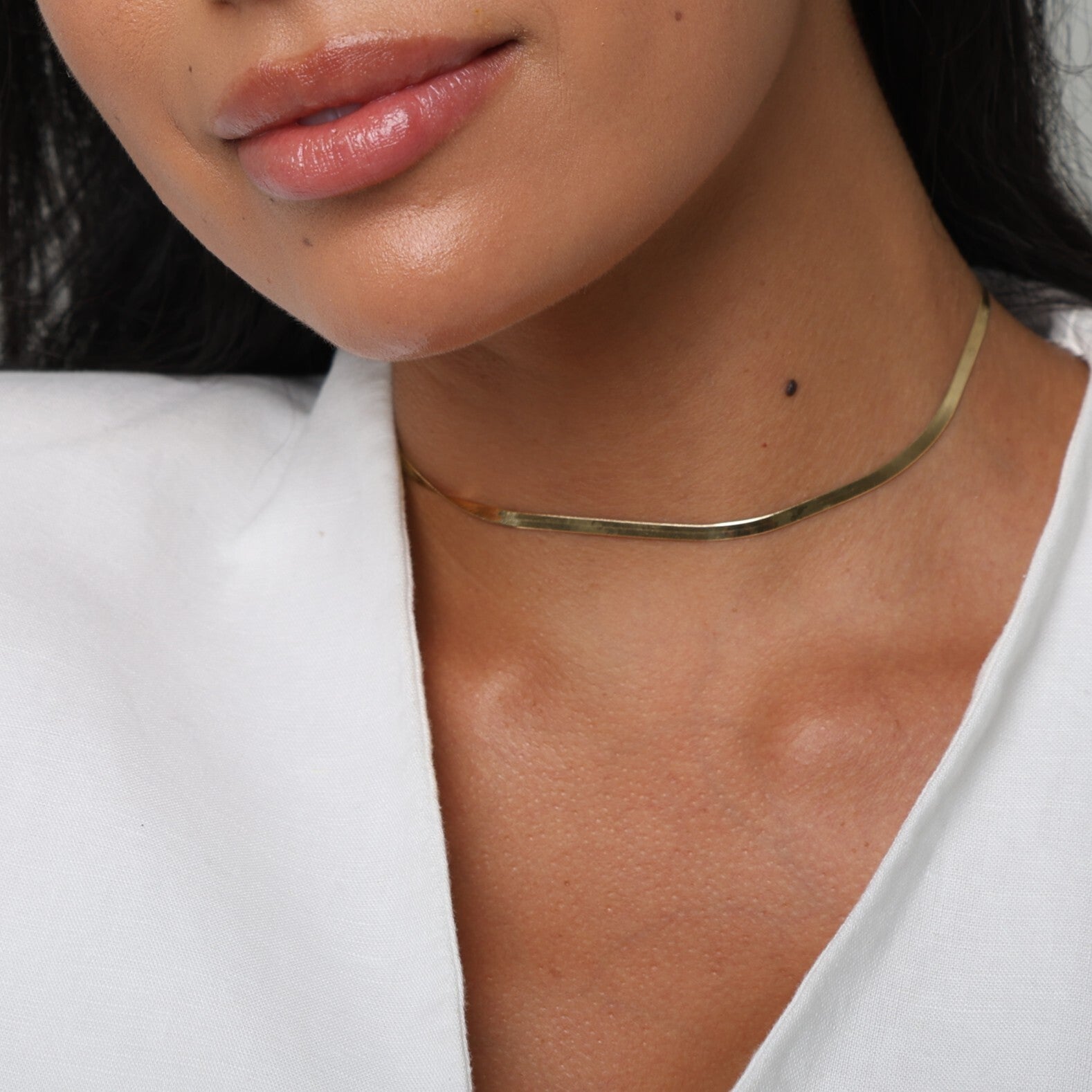 14K Gold Dainty Herringbone Choker Necklace - 14"