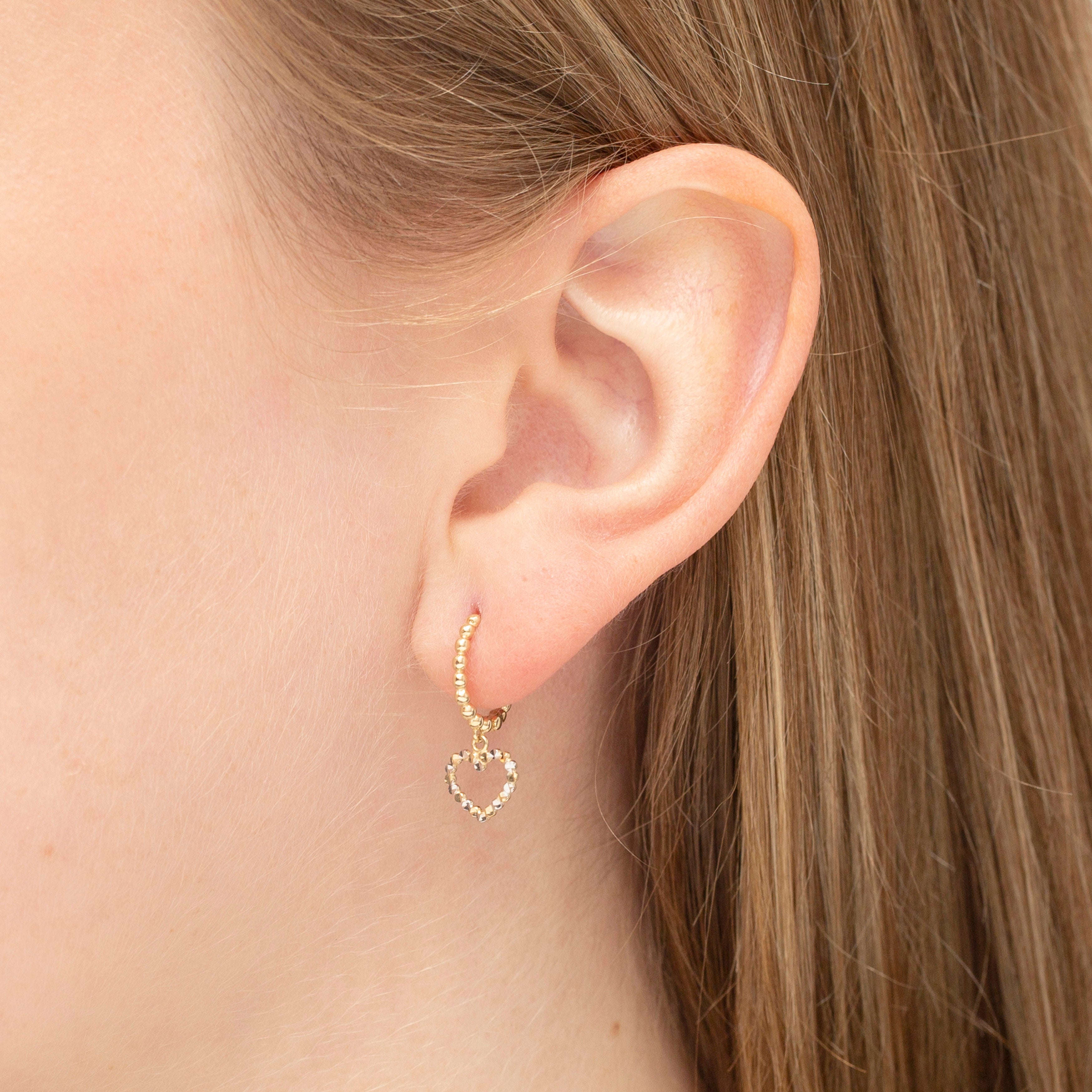 14K Two Tone Gold Beaded Heart Drop Earrings