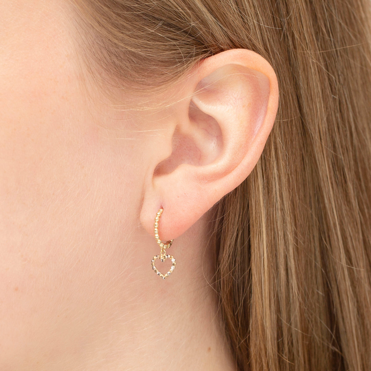 14K Two Tone Gold Beaded Heart Drop Earrings