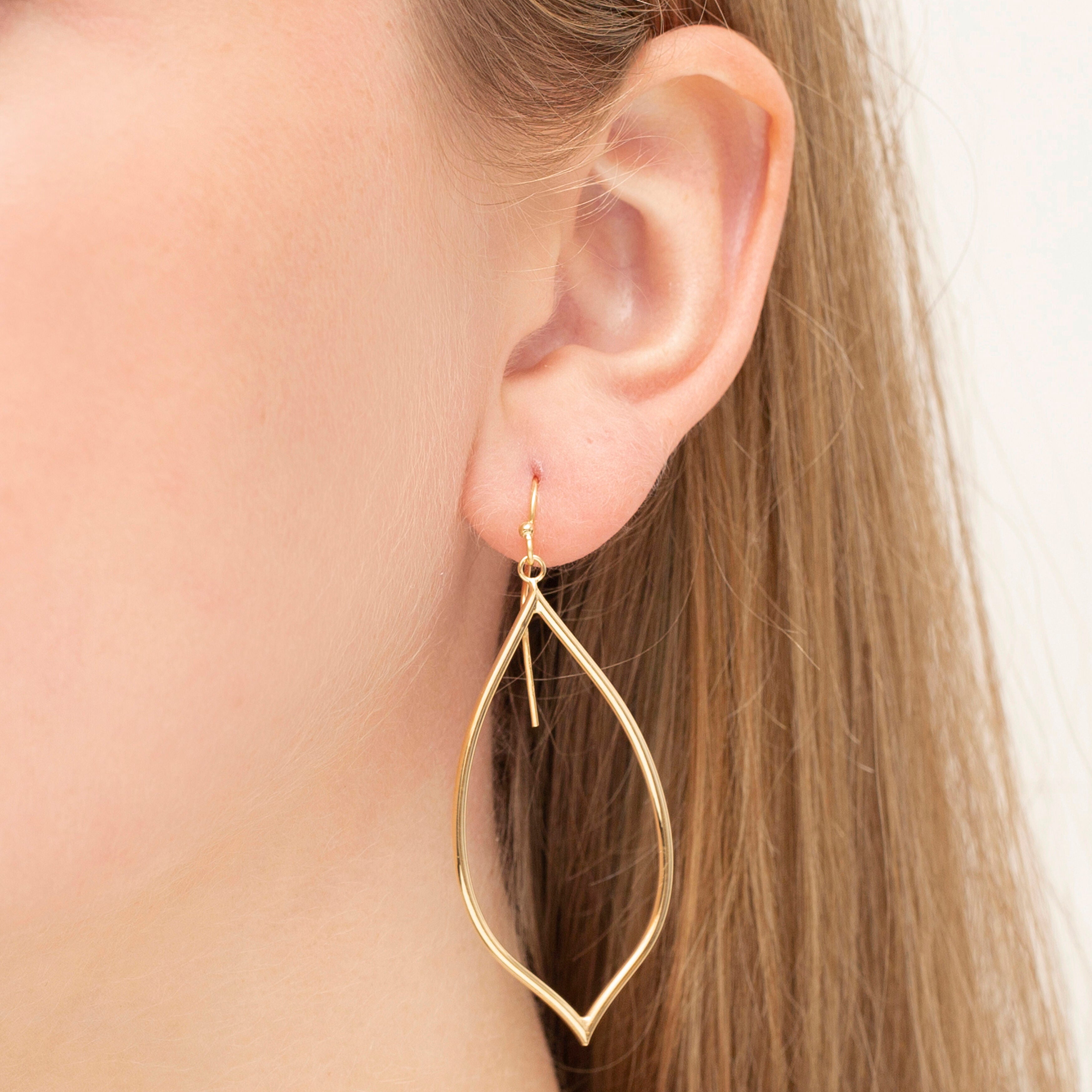 14K Gold Open Leaf- Shaped Teardrop Dangle Earrings