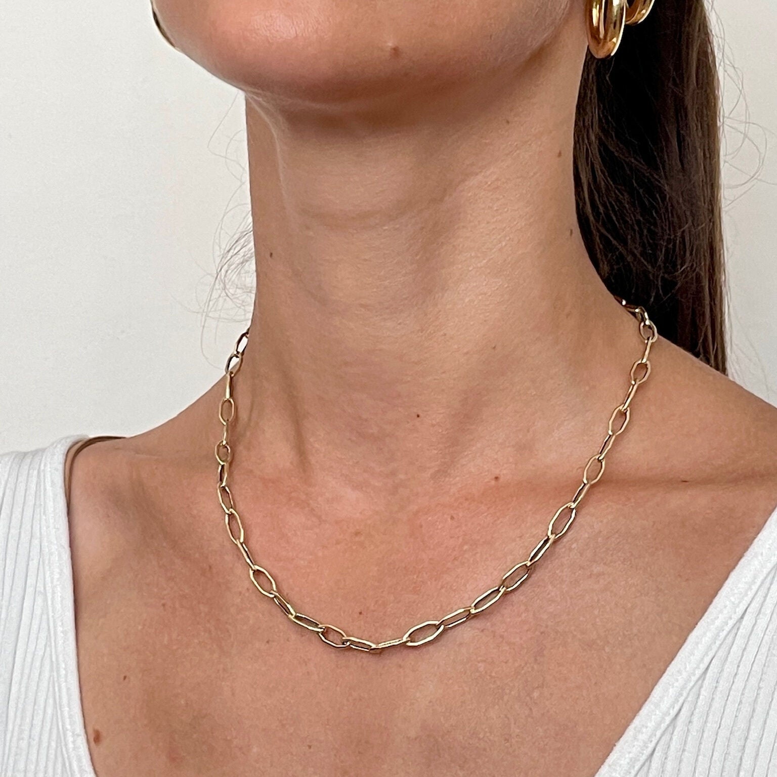 14K Gold Elongated Hexagon Link Necklace