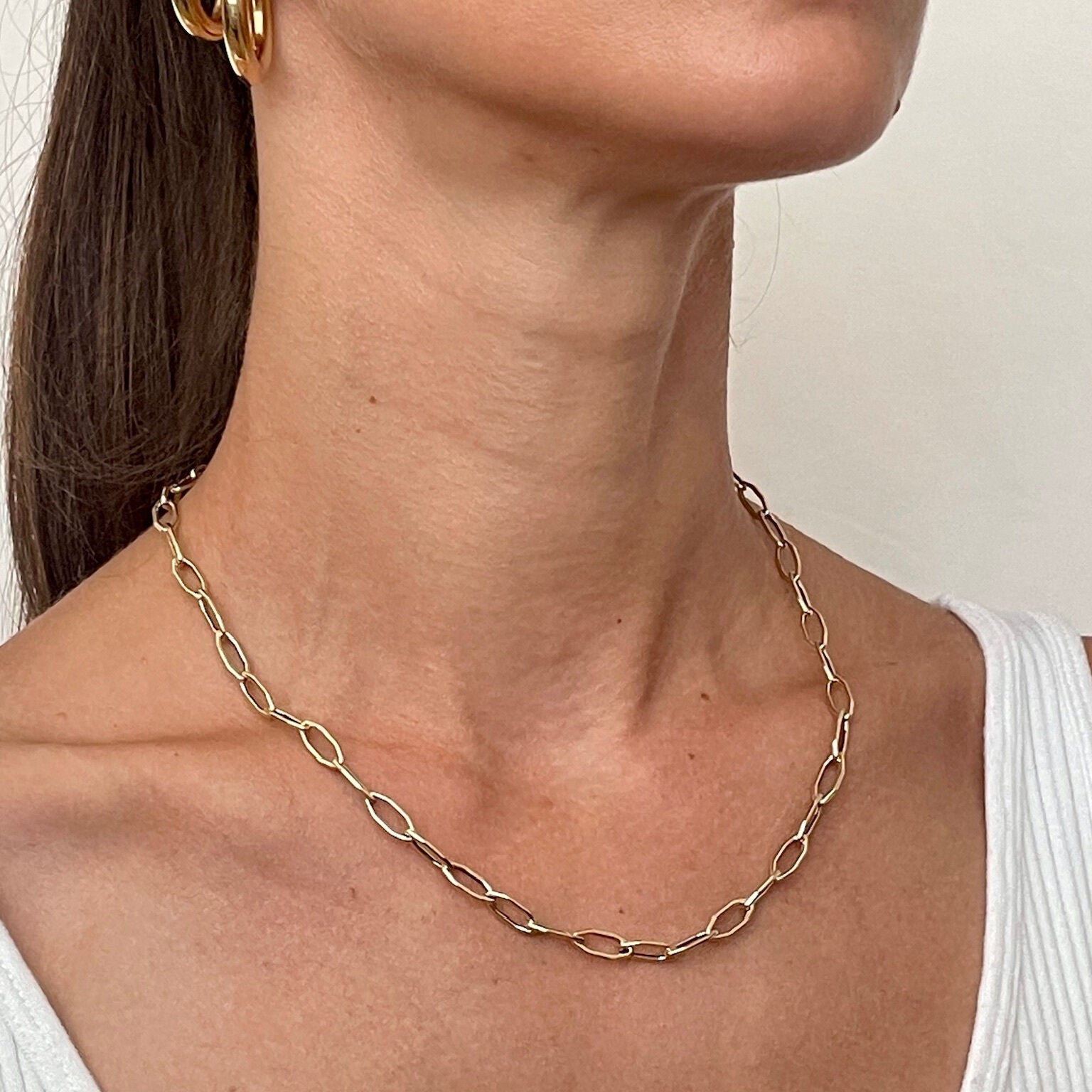 14K Gold Elongated Hexagon Link Necklace