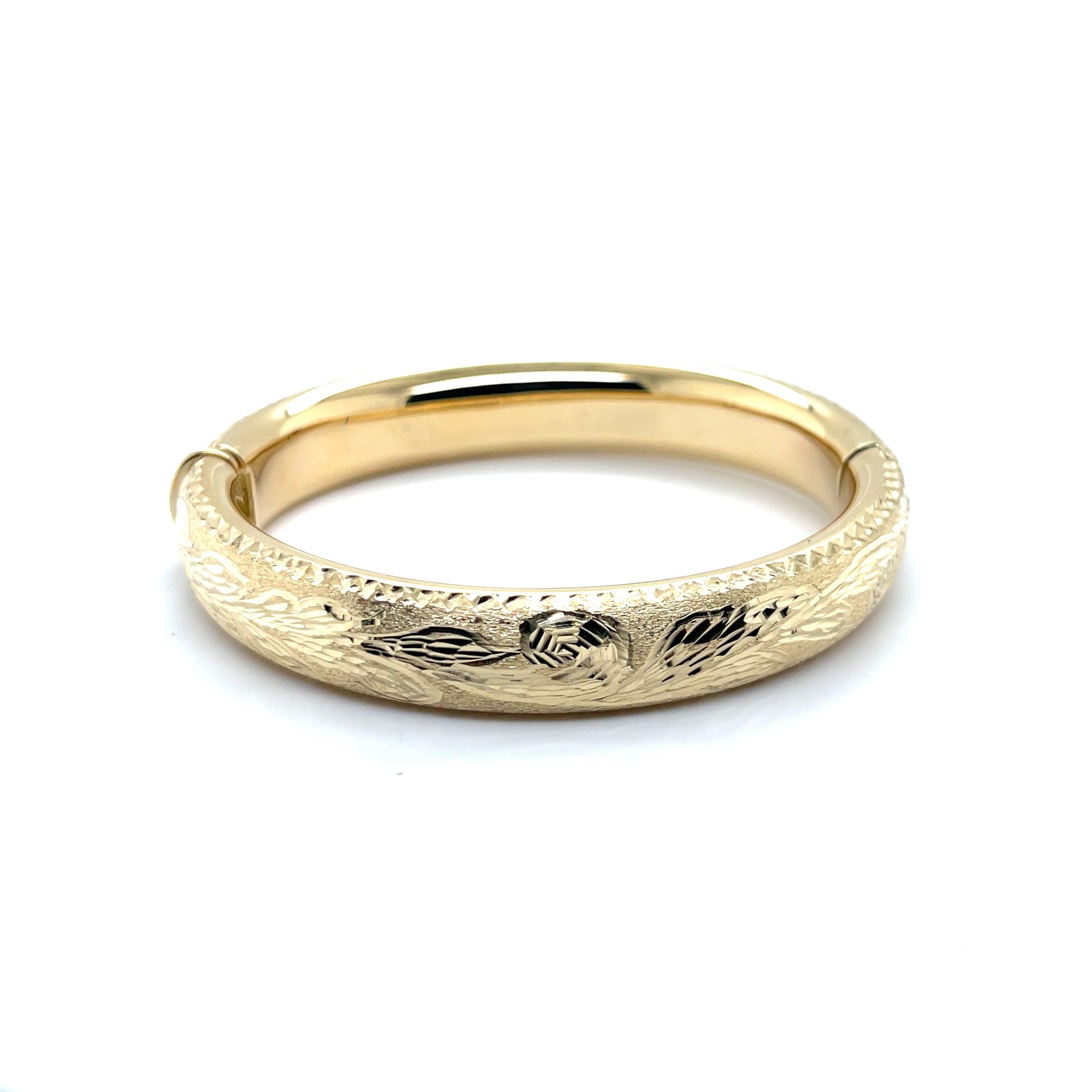 14K Solid Gold Engraved Bangle Bracelet – Floral, Detailed, Elegant Design