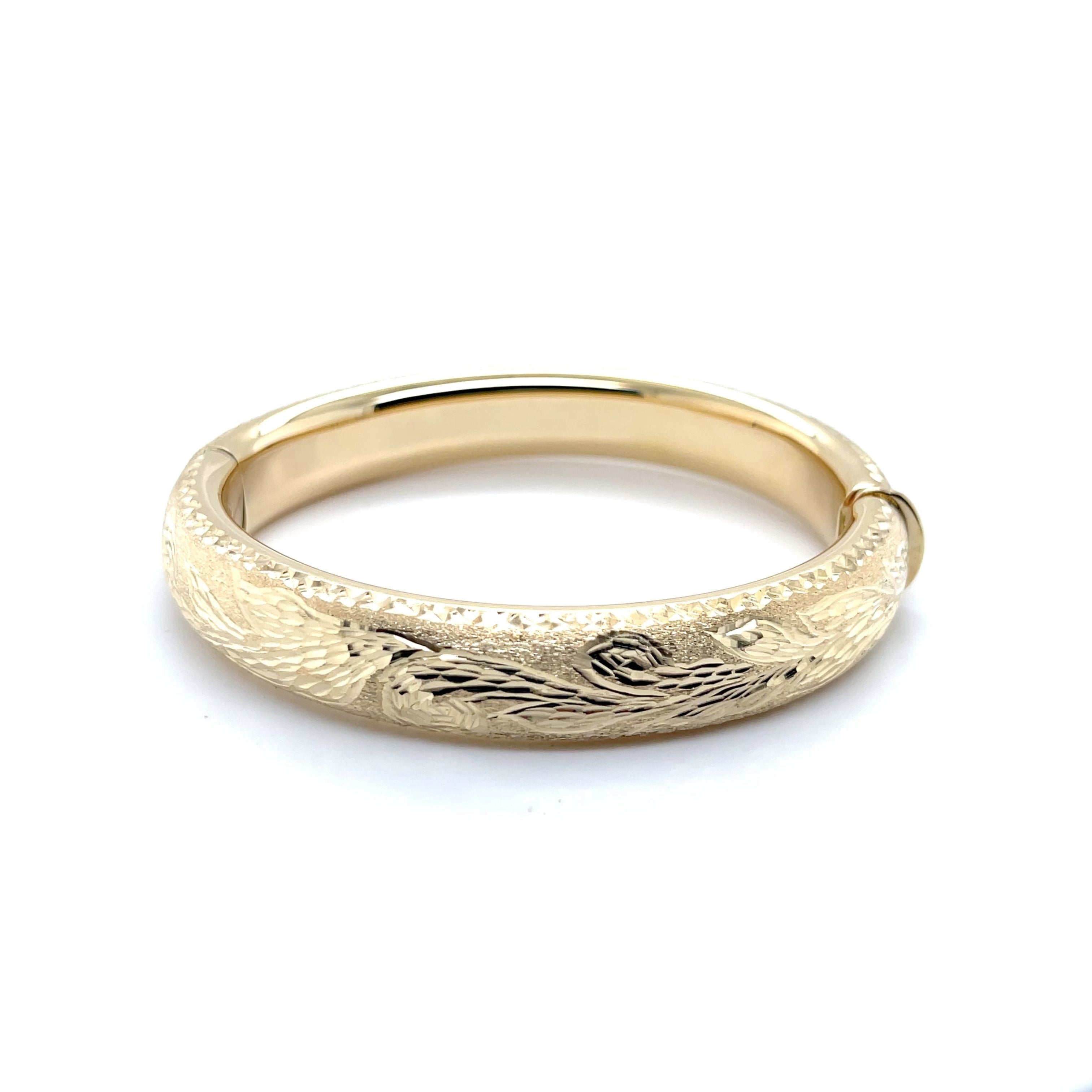 14K Solid Gold Engraved Bangle Bracelet ā Floral, Detailed, Elegant Design