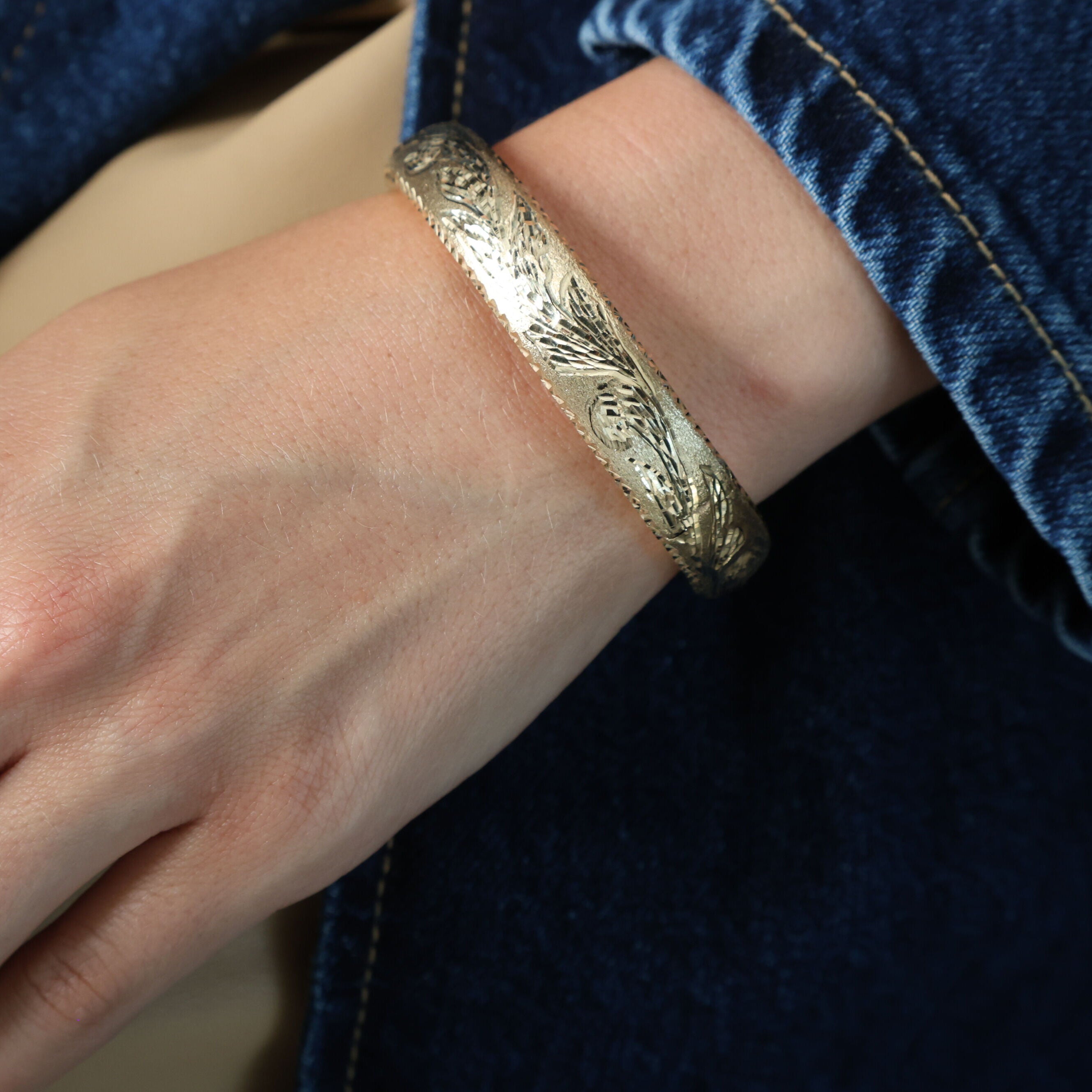 14K Solid Gold Engraved Bangle Bracelet – Floral, Detailed, Elegant Design