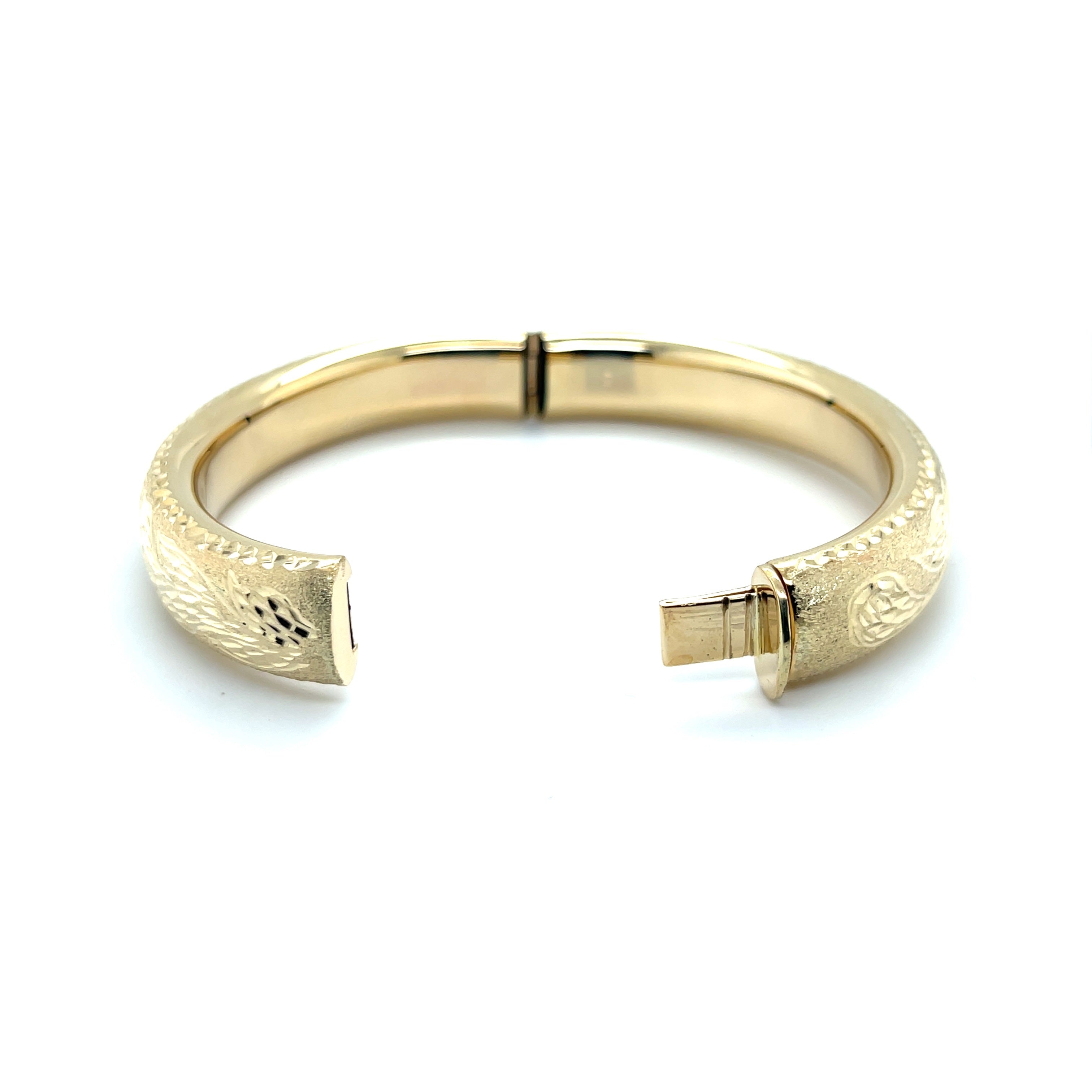 14K Solid Gold Engraved Bangle Bracelet – Floral, Detailed, Elegant Design