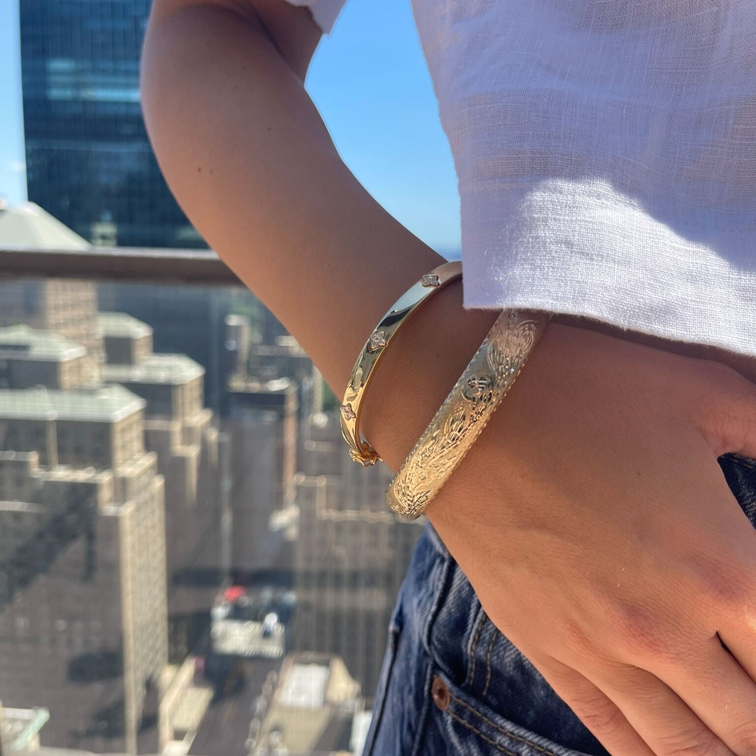 14K Gold And Diamond Clover Bangle Bracelet