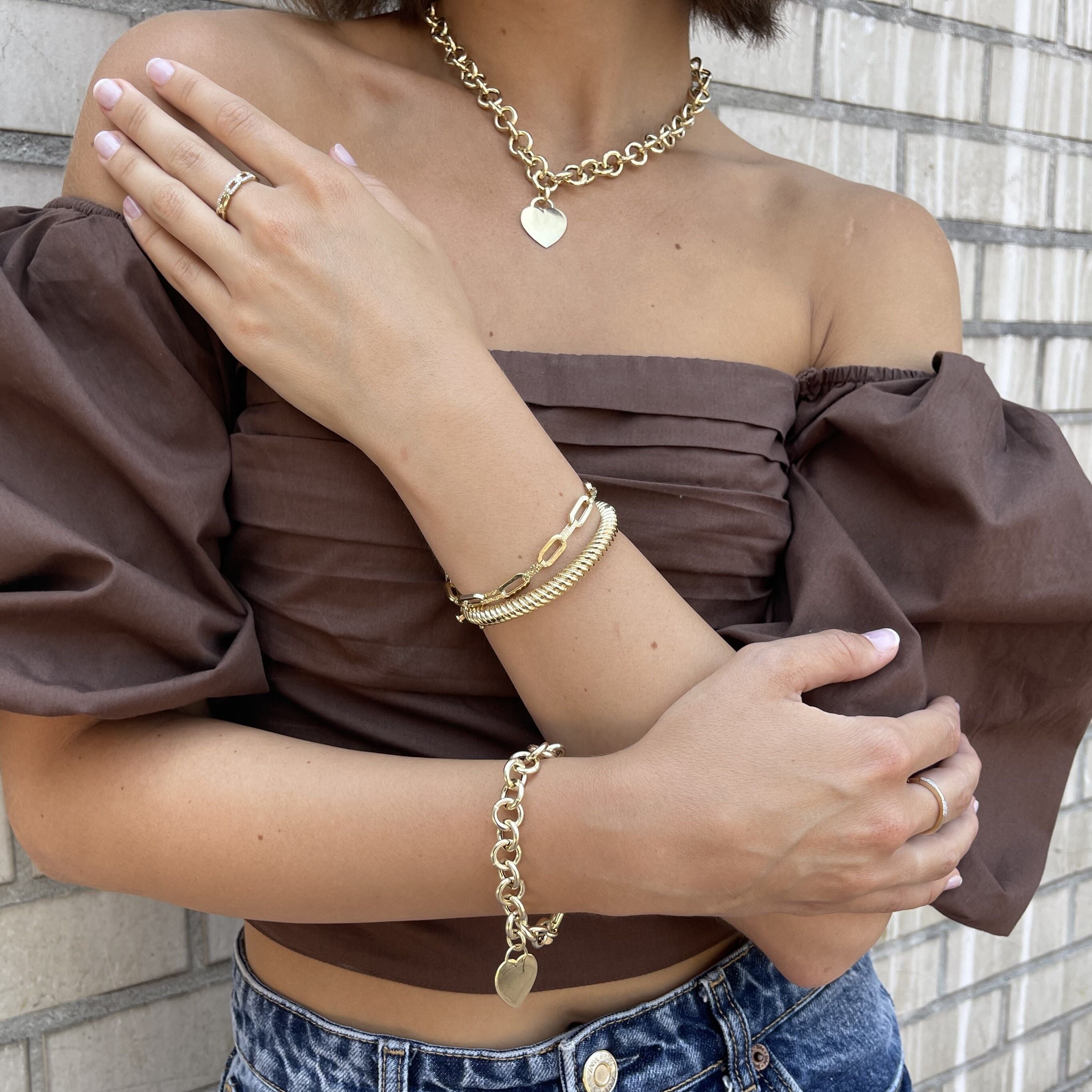 14K Solid Gold Rolo Link Bracelet with Heart Charm – Polished, Timeless, Elegant