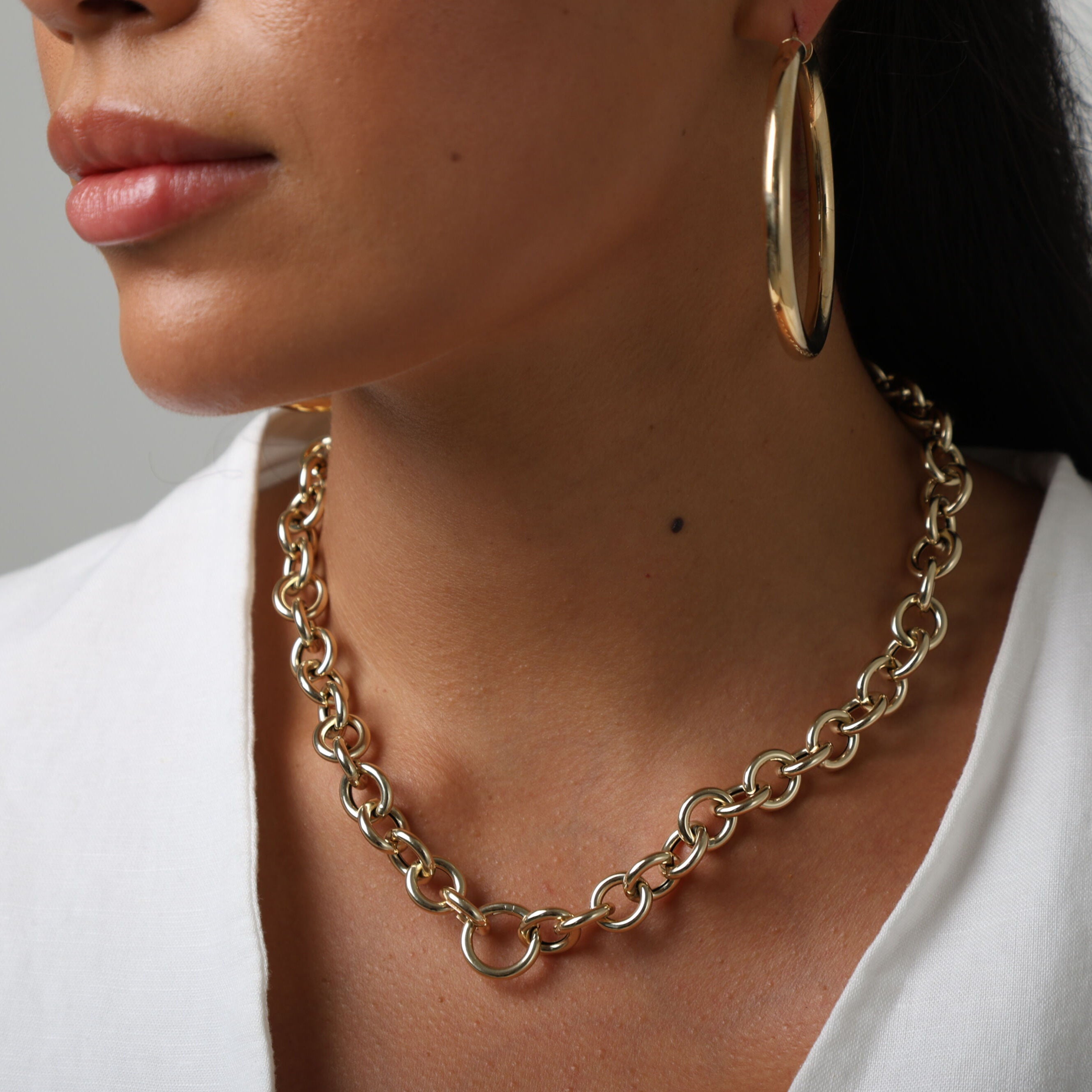 14K Gold Chunky Charm Holder Rolo Necklace, 18" Round Links