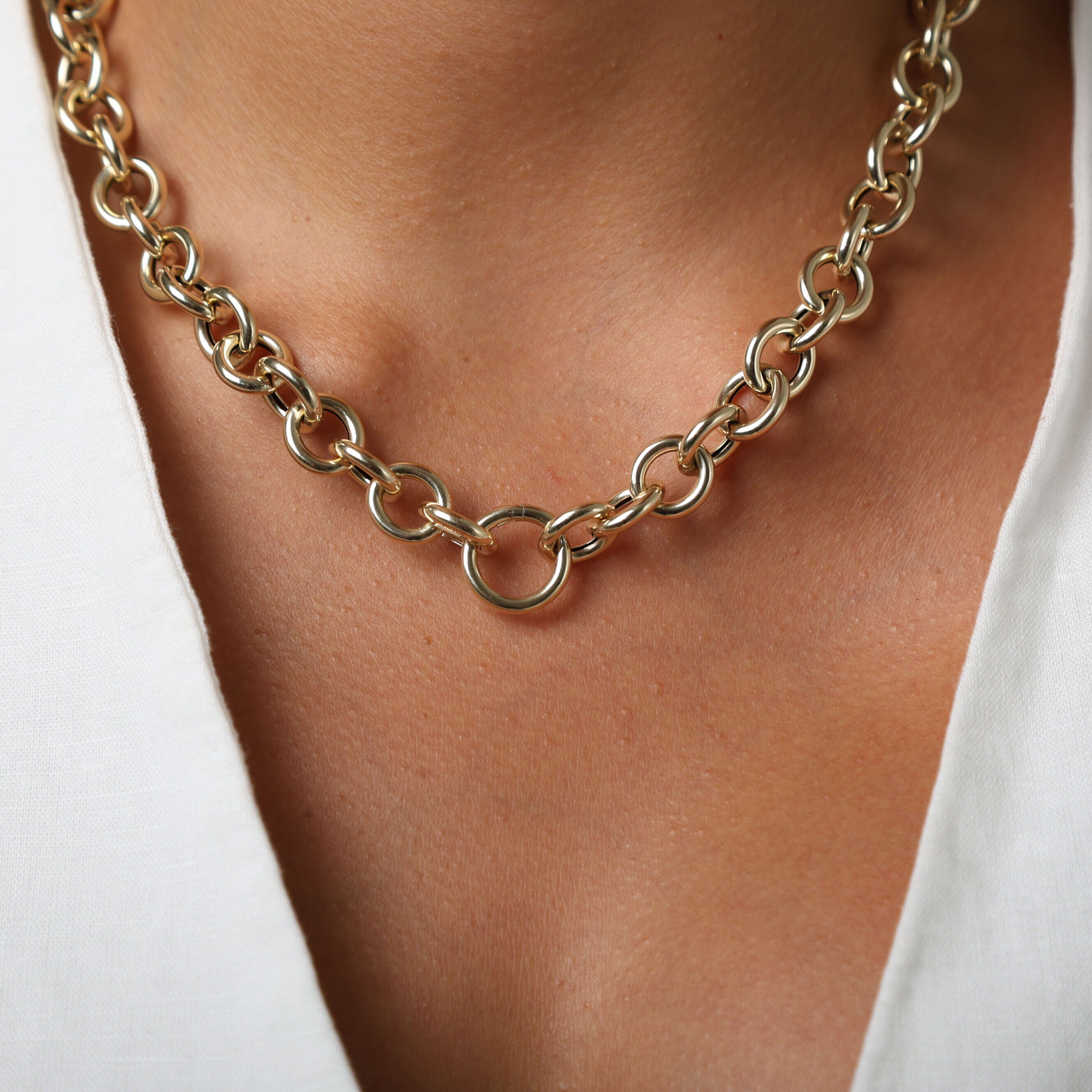 14K Gold Chunky Charm Holder Rolo Necklace, 18" Round Links