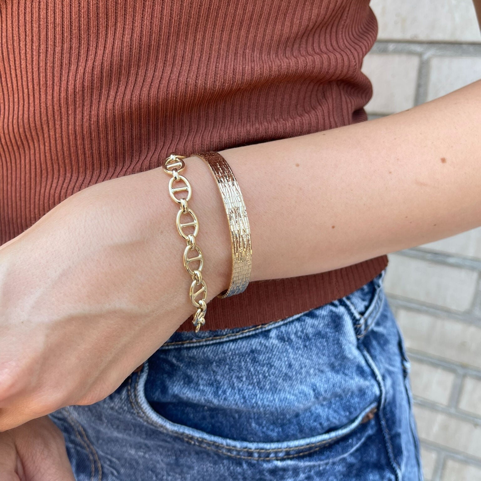 14K Gold Flat Textured Omega Bracelet