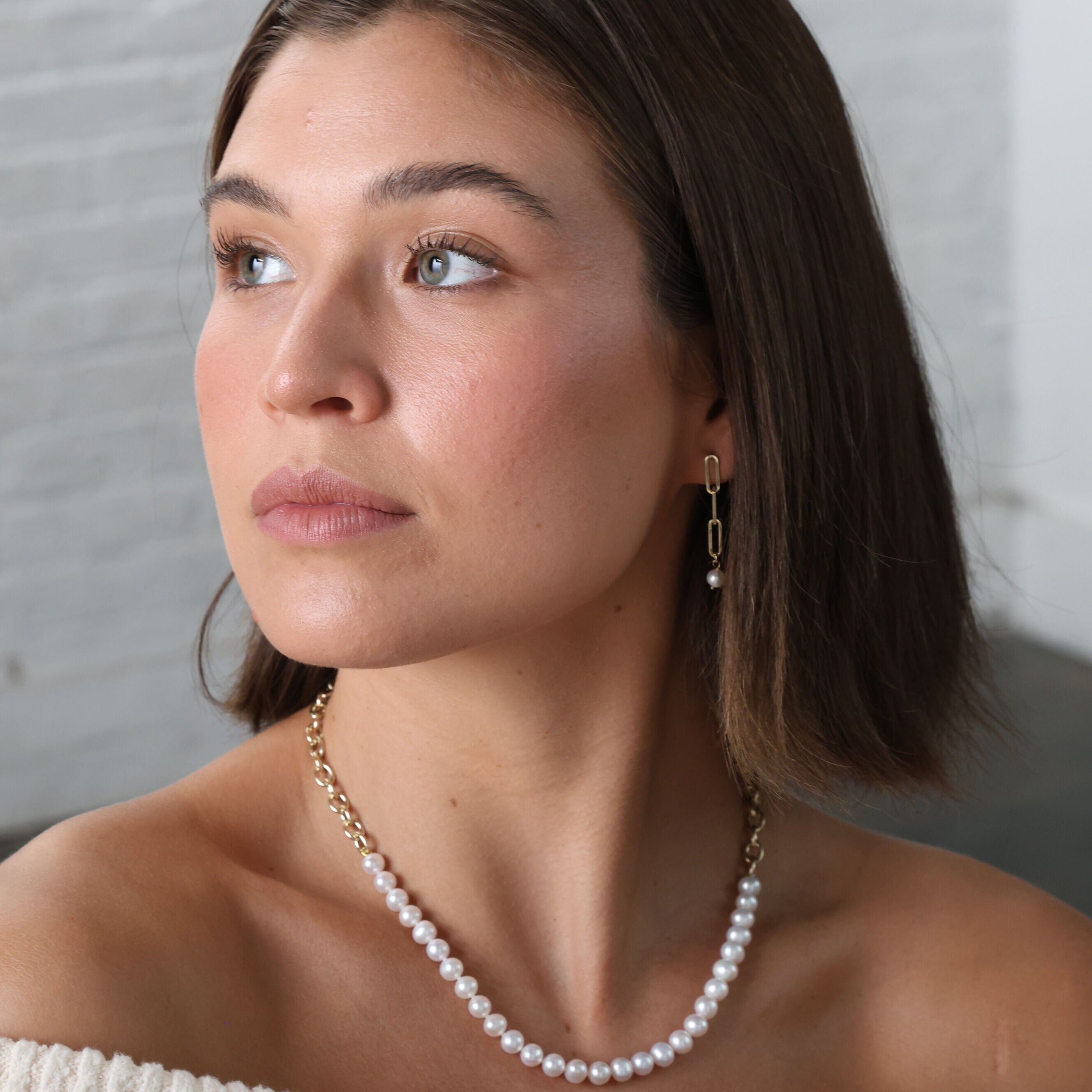 14K Gold Half Pearl Half Link Necklace