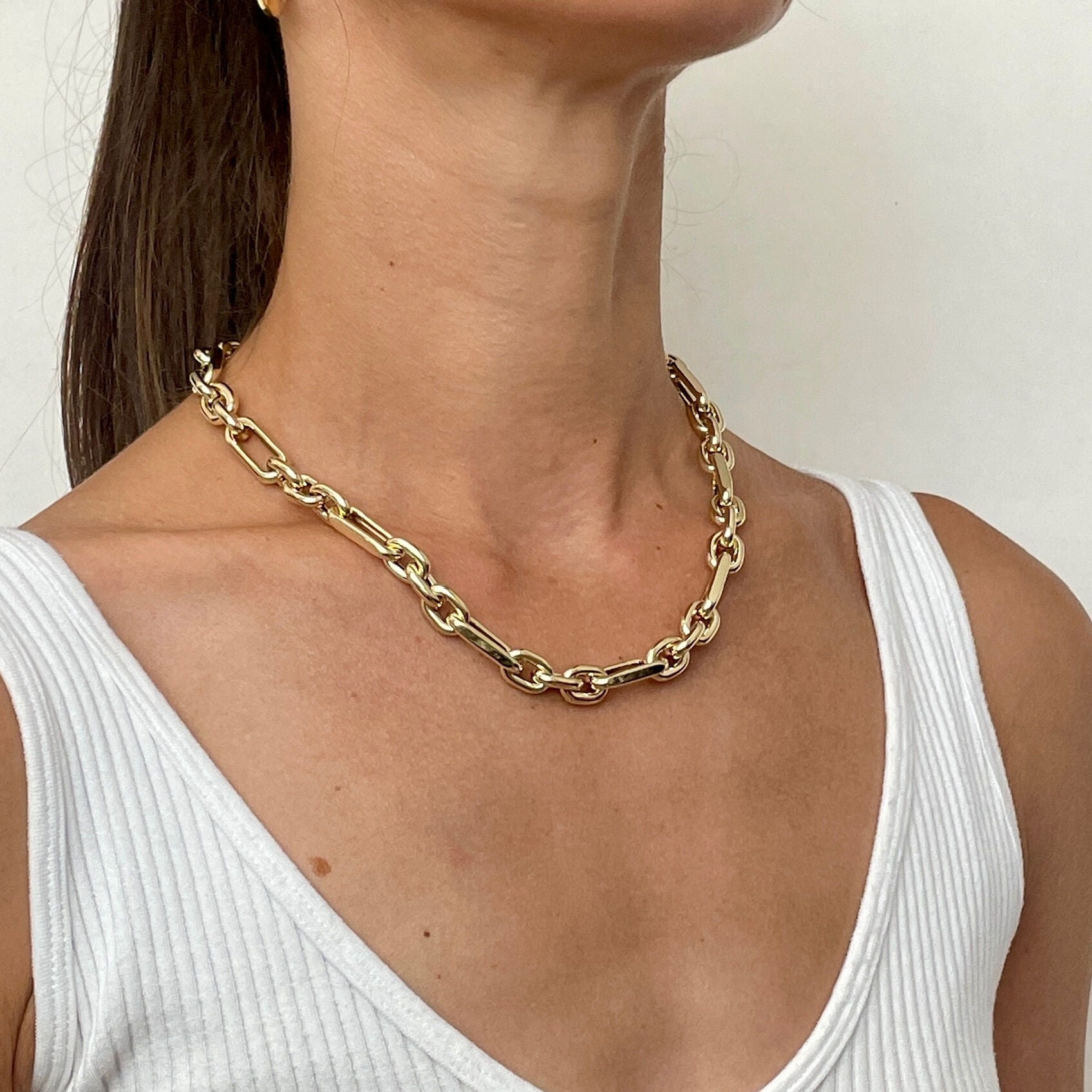 14K Gold Chunky Paperclip And Oval Link Necklace