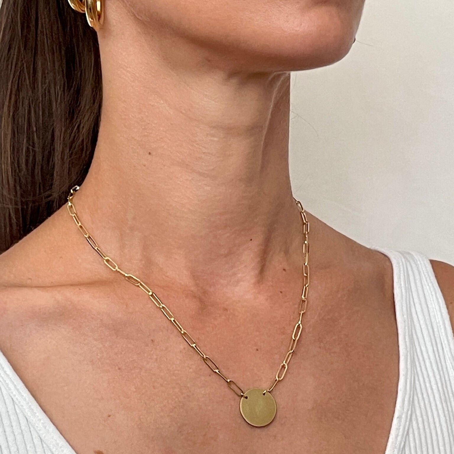 14K Gold Disc Paperclip Necklace