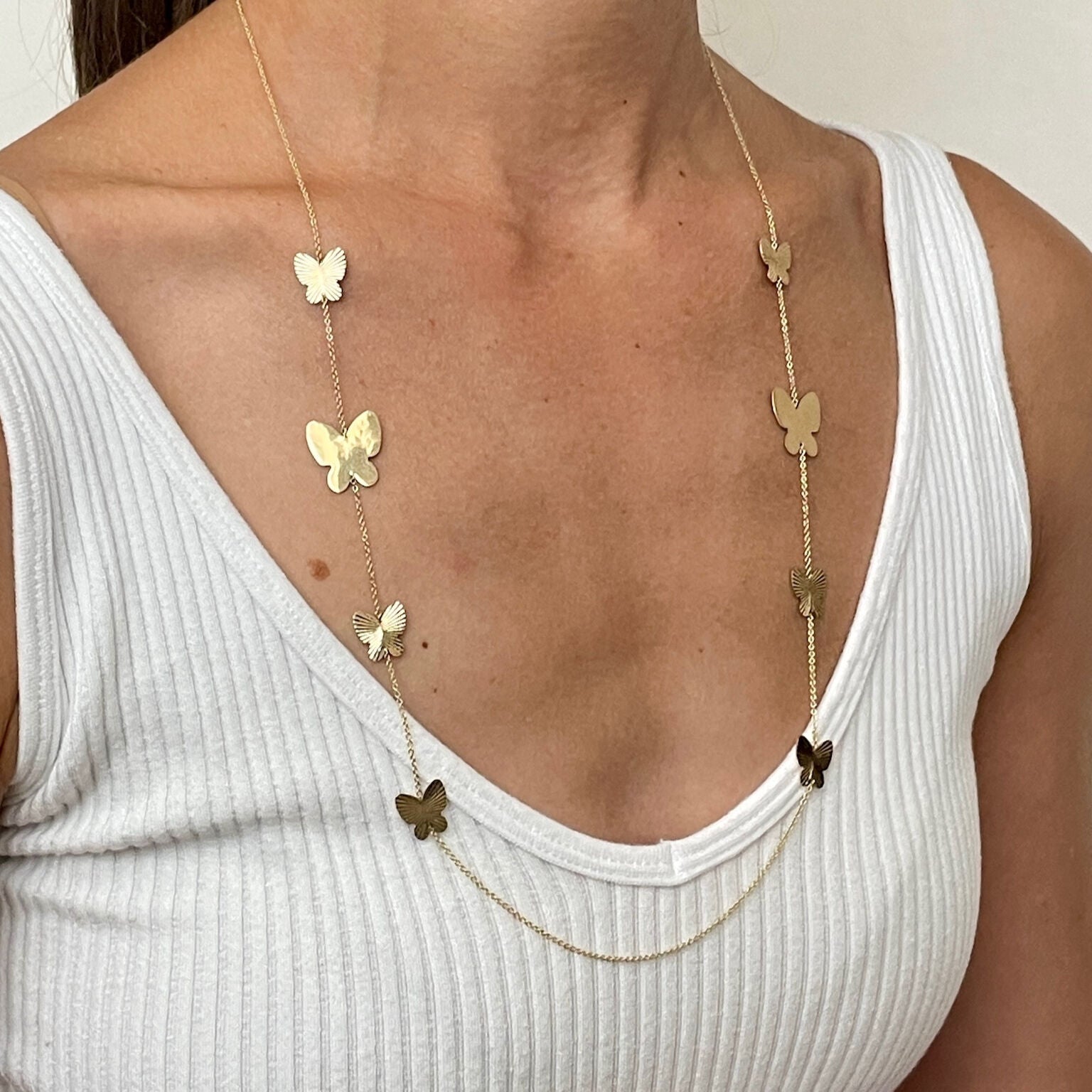 14K Gold 26" Long Butterfly Necklace