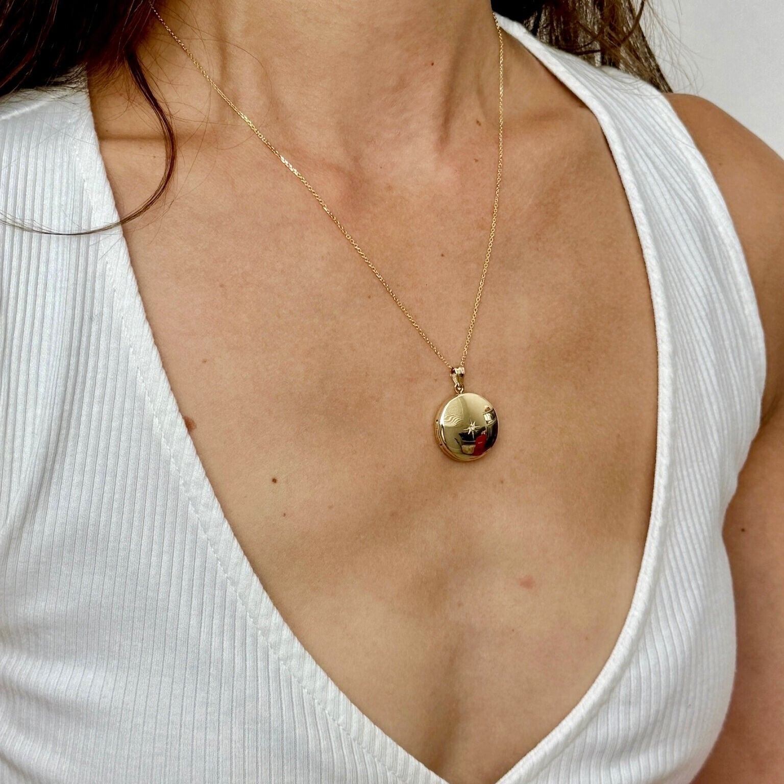 14K Gold And Diamond Round Locket Necklace