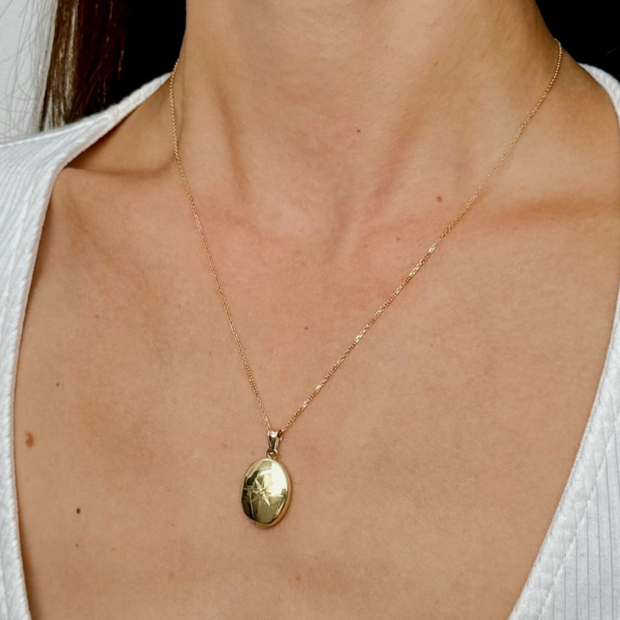 14K Gold And Diamond Oval North Star Locket Necklace