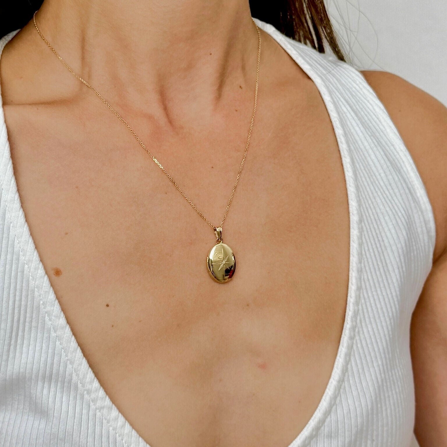 14K Gold And Diamond Oval North Star Locket Necklace