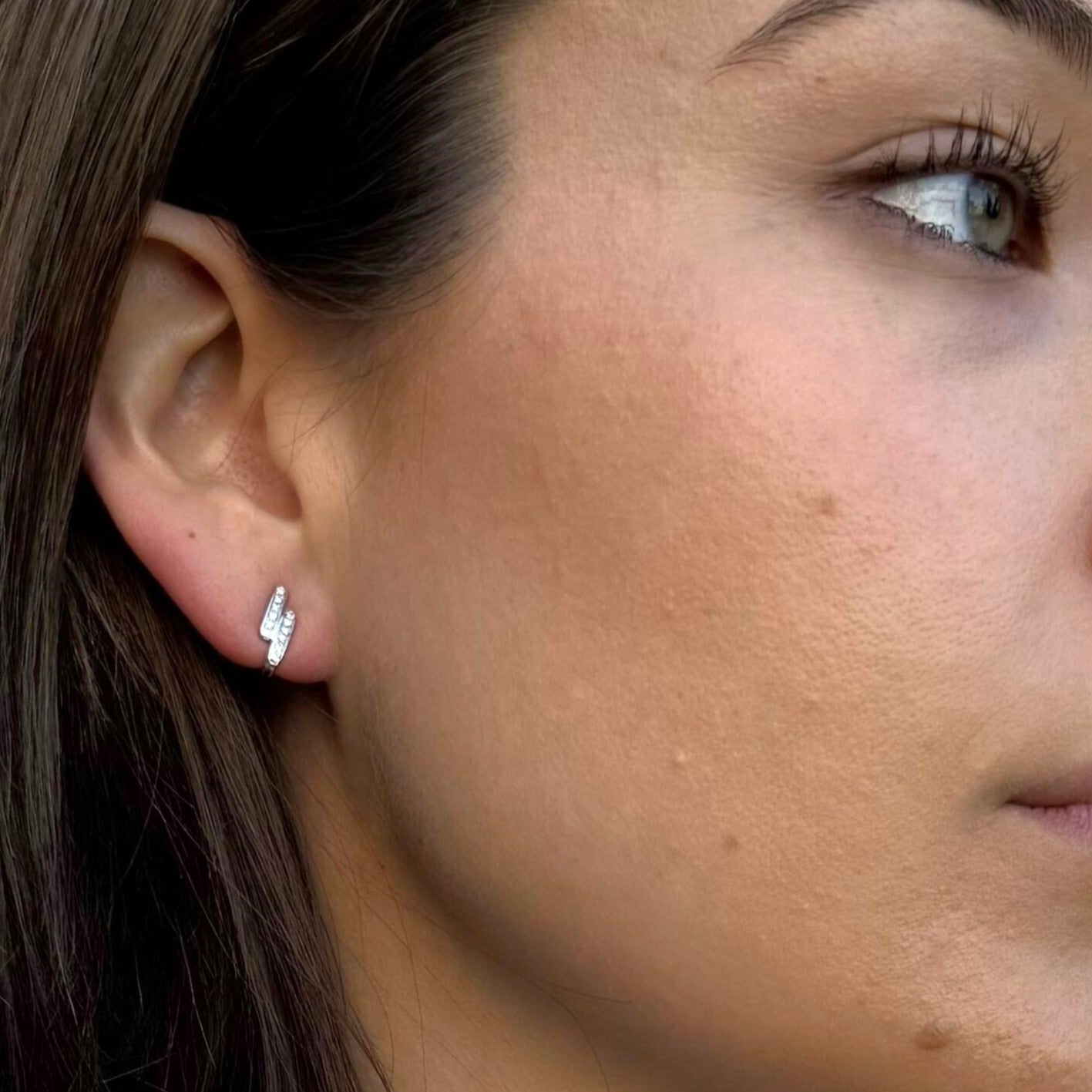 Diamond Double J-Hoop Huggie Earrings In 14K White Gold